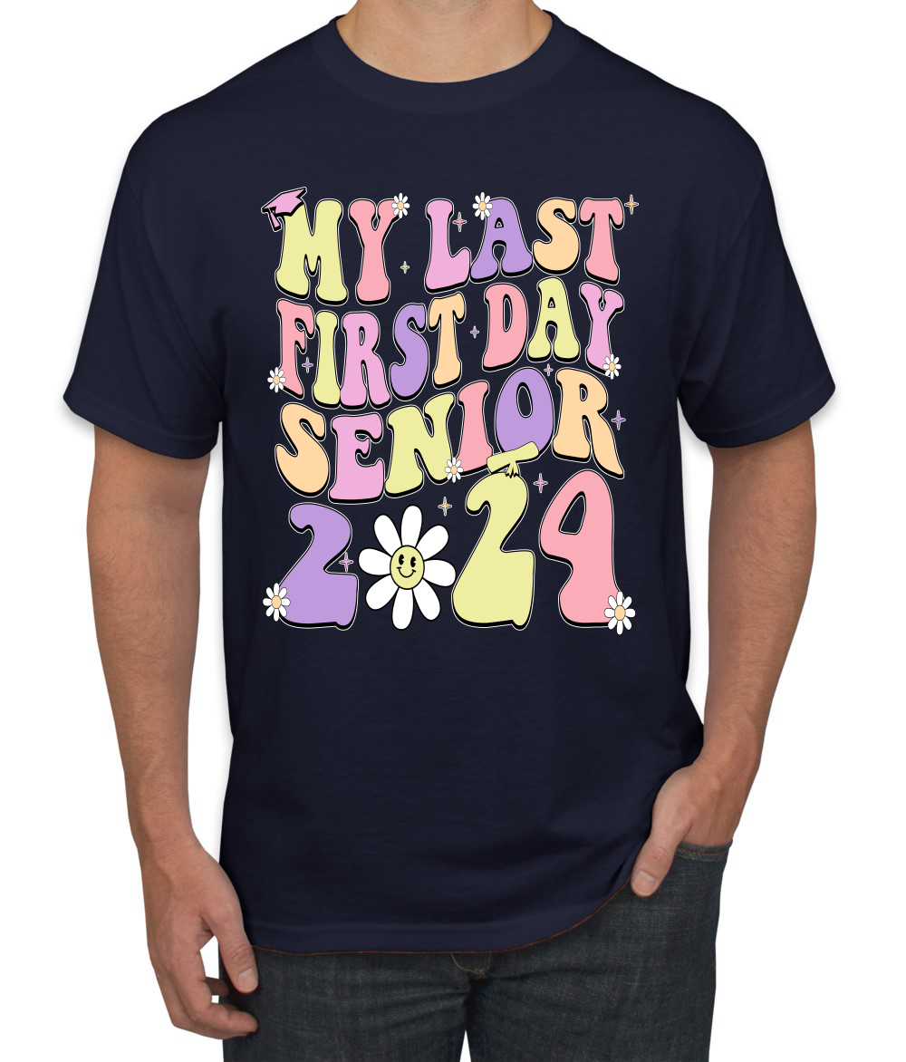 My Last First Day Groovy Letters Graduation Cap Men TShirt - Picture 8 of 13