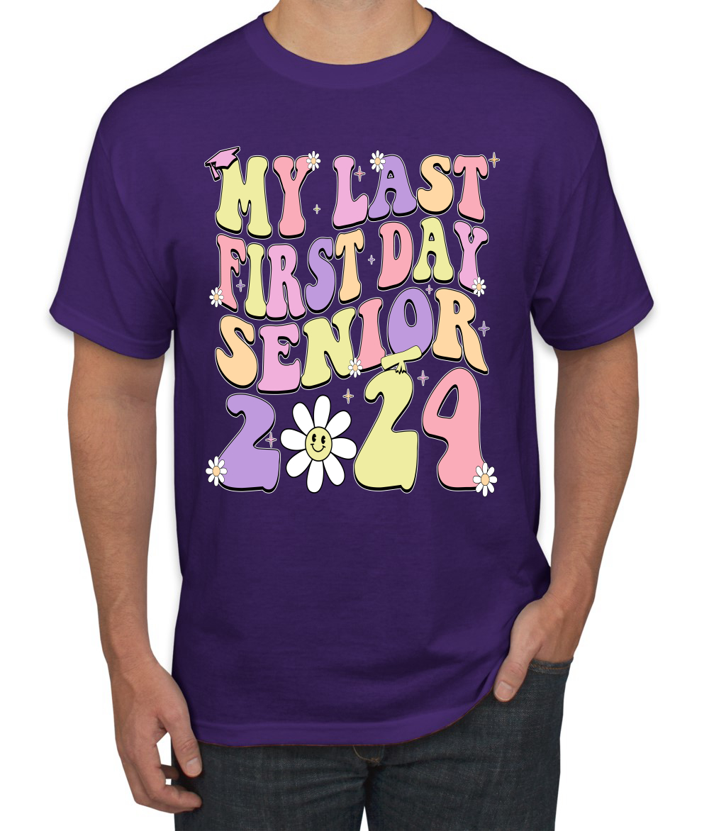 My Last First Day Groovy Letters Graduation Cap Men TShirt - Picture 9 of 13