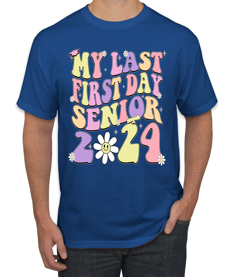 My Last First Day Groovy Letters Graduation Cap Men TShirt - Picture 10 of 13