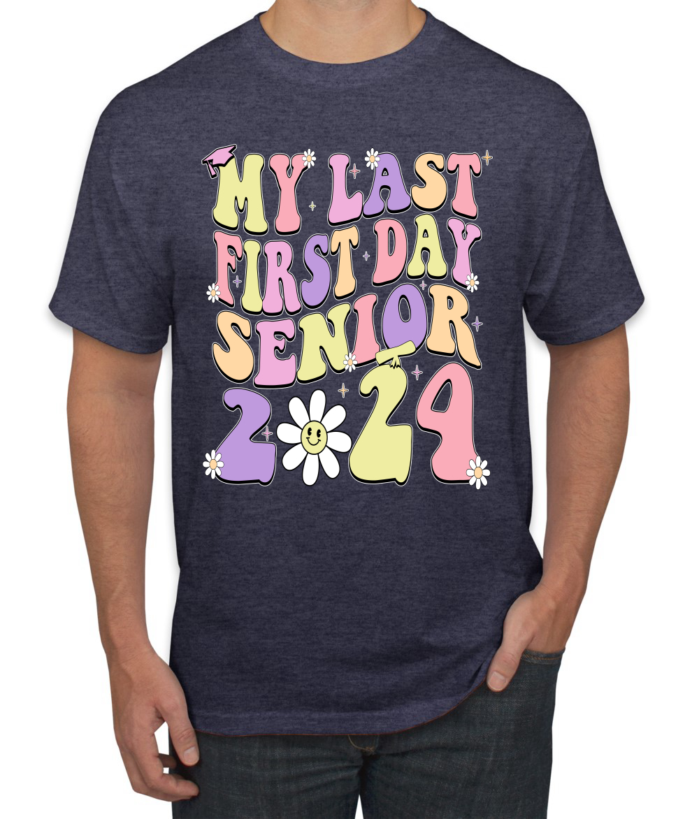 My Last First Day Groovy Letters Graduation Cap Men TShirt - Picture 11 of 13