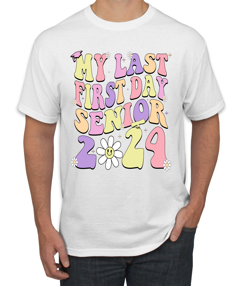 My Last First Day Groovy Letters Graduation Cap Men TShirt - Picture 12 of 13