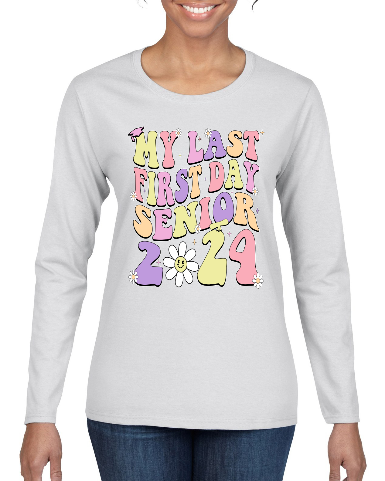 Camiseta My Last First Day Groovy Letters Graduación Gorra Mujeres Mangas Largas - Imagen 7 de 7