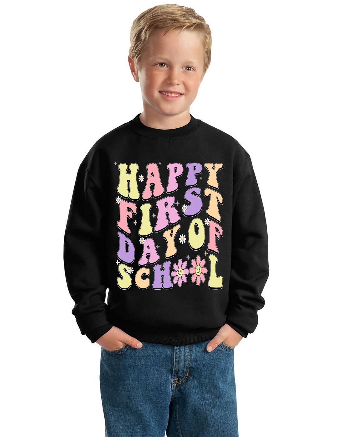 Sudadera gráfica Happy First Day of School Groovy Letter unisex cuello redondo - Imagen 3 de 4