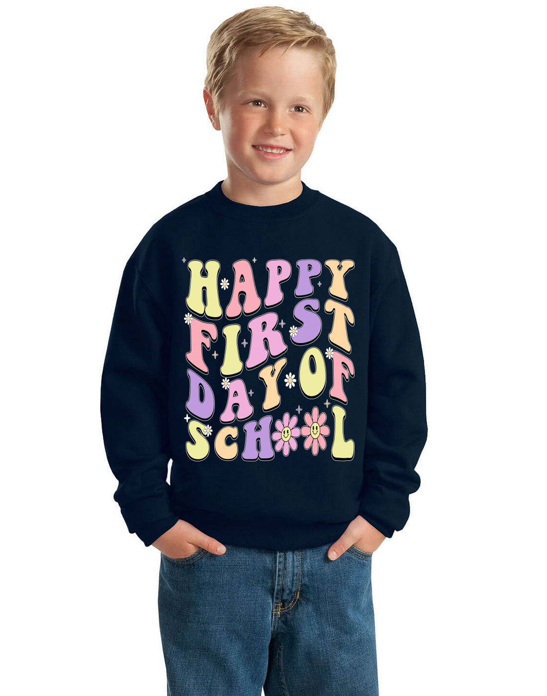 Sudadera gráfica Happy First Day of School Groovy Letter unisex cuello redondo - Imagen 4 de 4