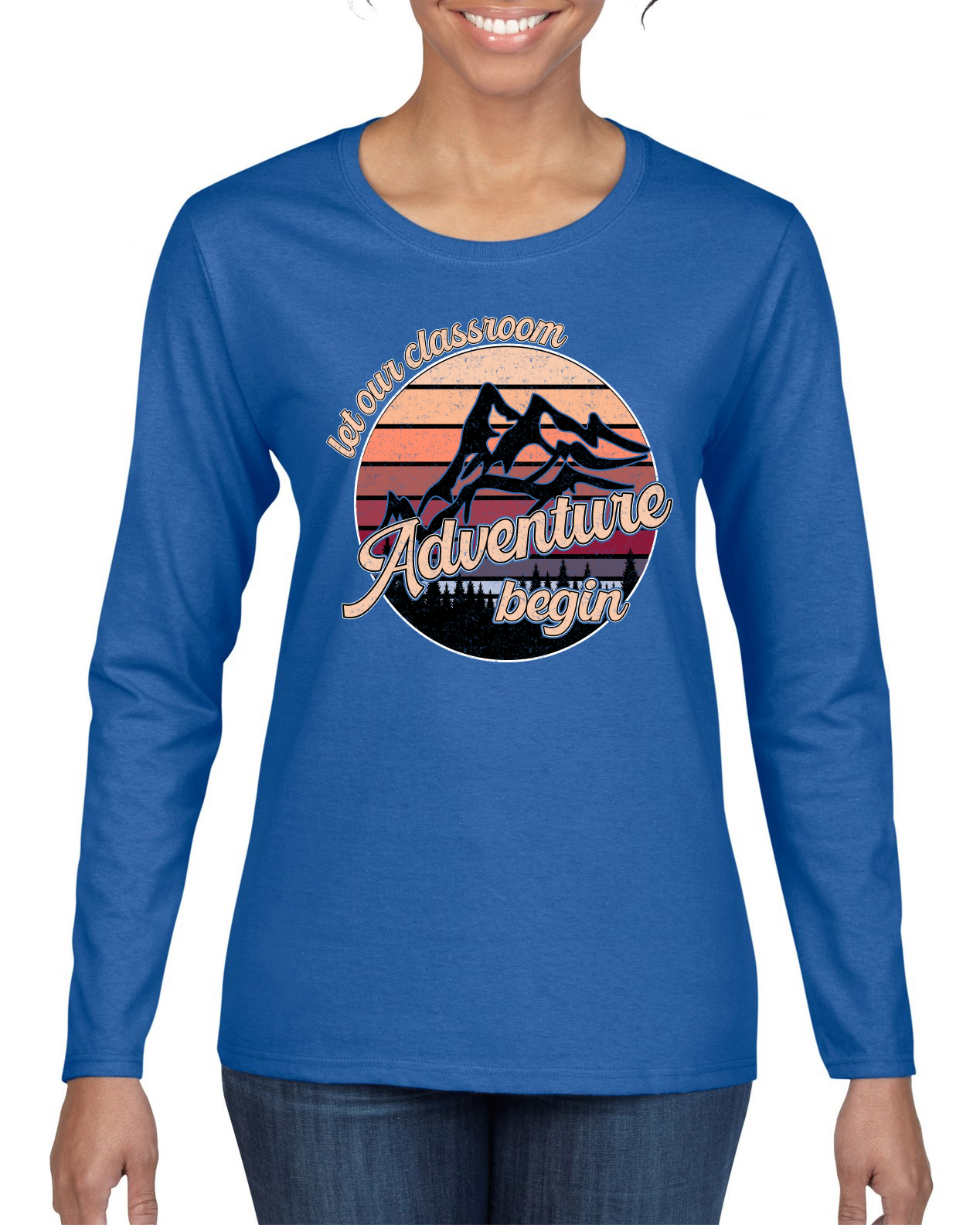 Let Our Classroom Adventure Begin dunklere Farben Damen Grafik Langarm T-Shirt - Bild 6 von 7