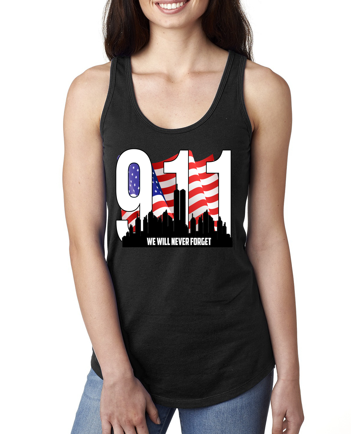 9 11 We Will Never Forget Patriot Day Flag and Twin Tower Women Tank Top - Picture 3 of 8