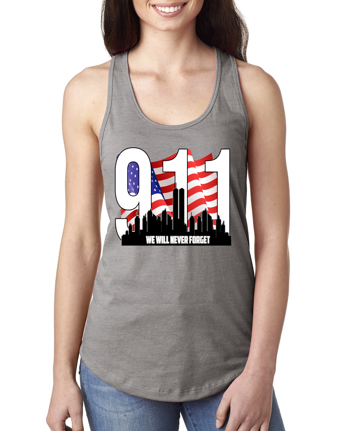 9 11 We Will Never Forget Patriot Day Flag and Twin Tower Women Tank Top - Picture 4 of 8