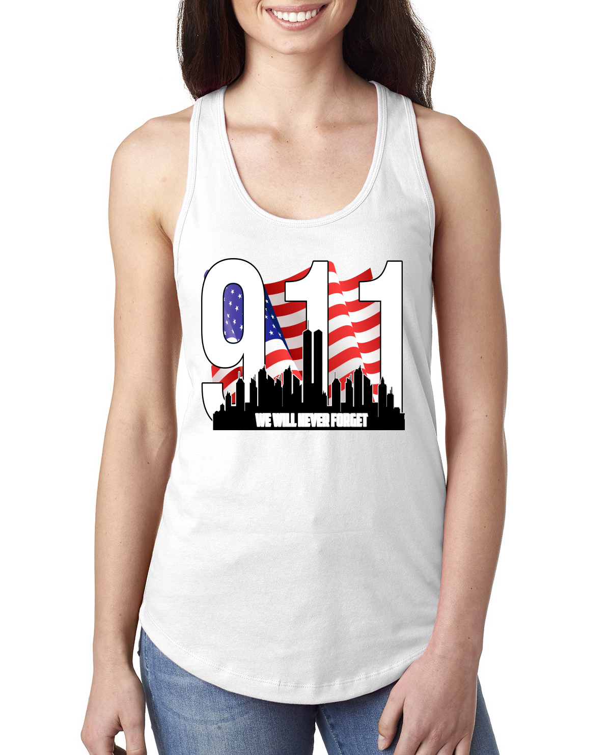 9 11 We Will Never Forget Patriot Day Flag and Twin Tower Women Tank Top - Picture 7 of 8