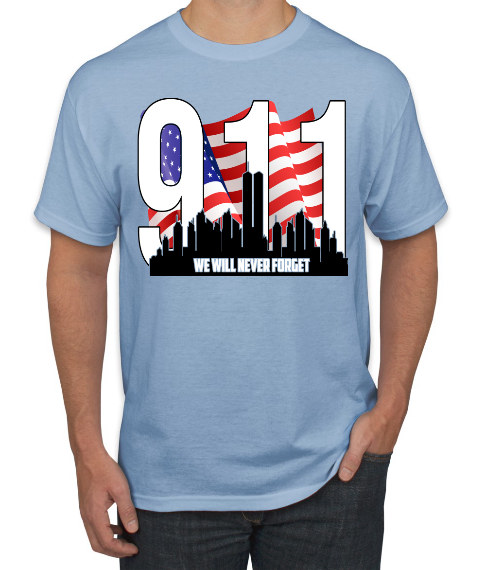 9 11 We Will Never Forget Patriot Day Flag and Twin Tower Men TShirt - Picture 13 of 13