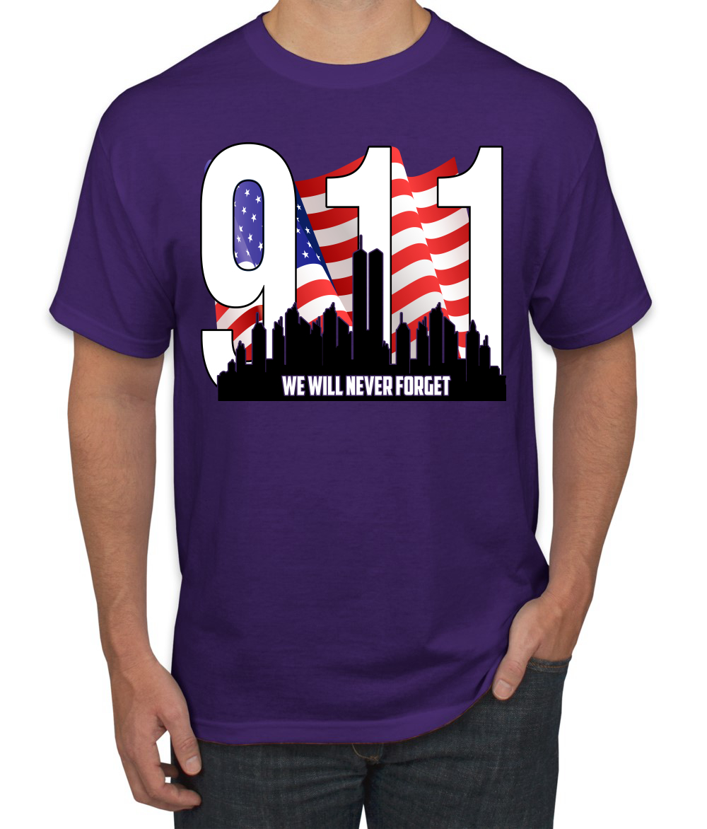 9 11 We Will Never Forget Patriot Day Flag and Twin Tower Men TShirt - Picture 9 of 13