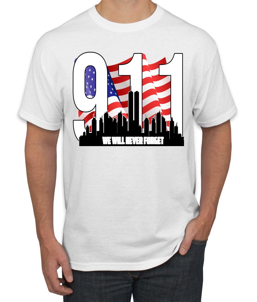 9 11 We Will Never Forget Patriot Day Flag and Twin Tower Men TShirt - Picture 12 of 13