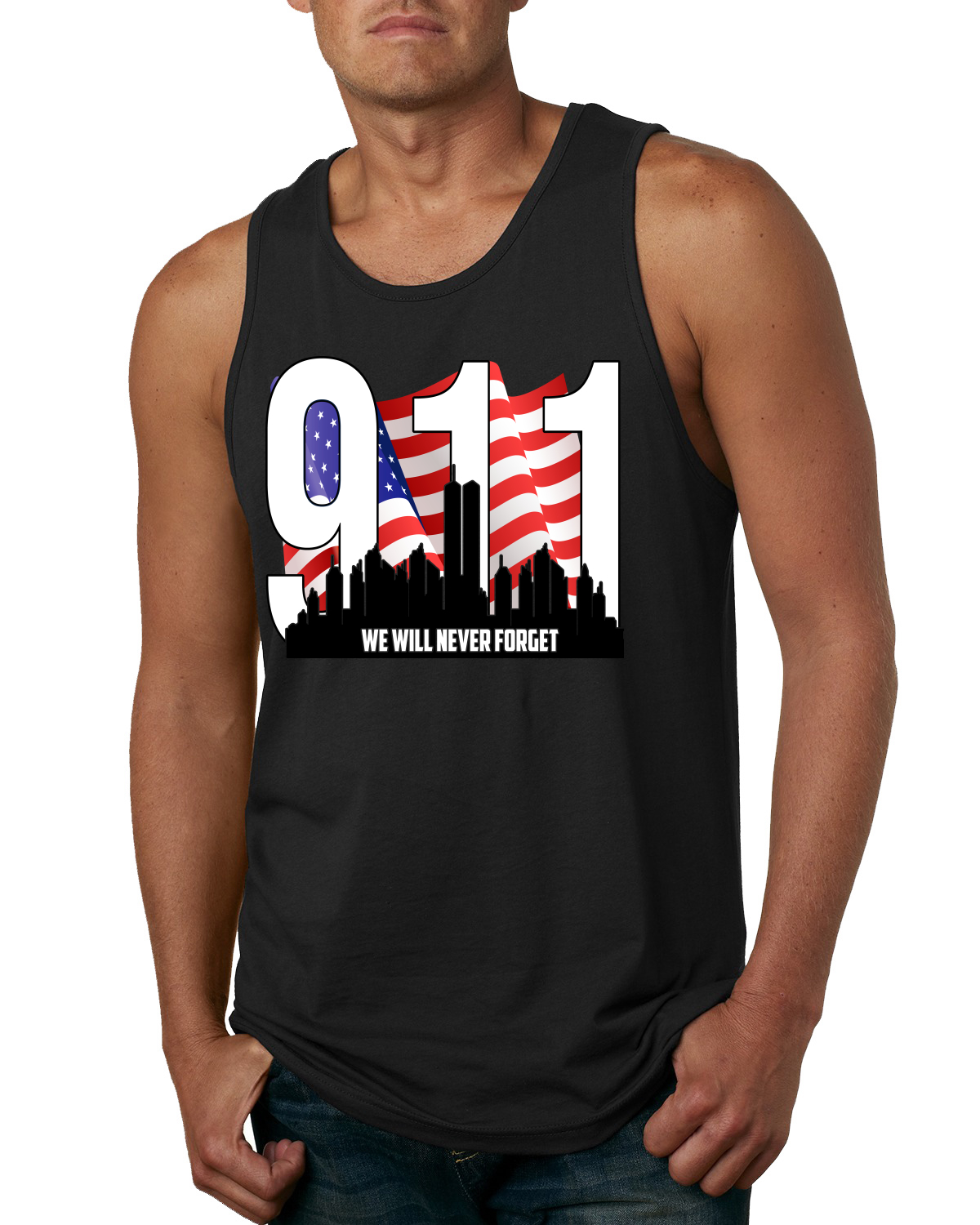 9 11 We Will Never Forget Patriot Day Flag and Twin Tower Men Tank Top - Picture 3 of 7