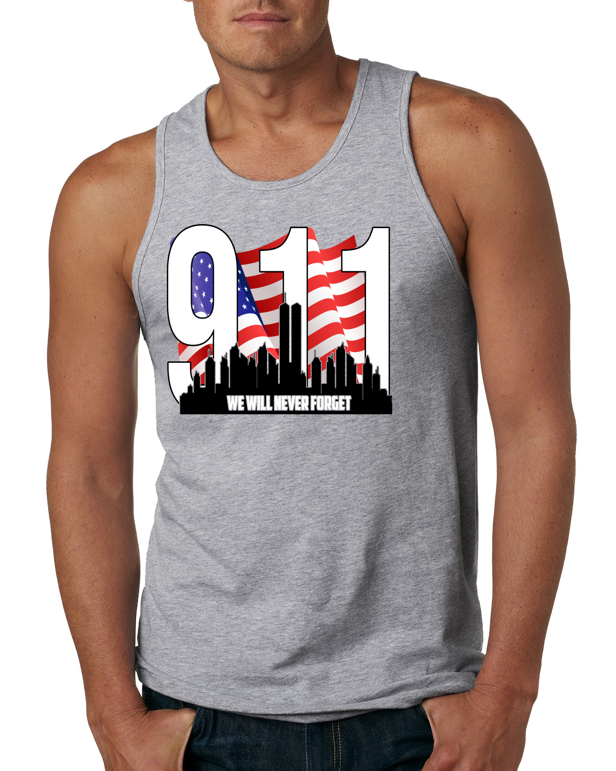 9 11 We Will Never Forget Patriot Day Flag and Twin Tower Men Tank Top - Picture 4 of 7