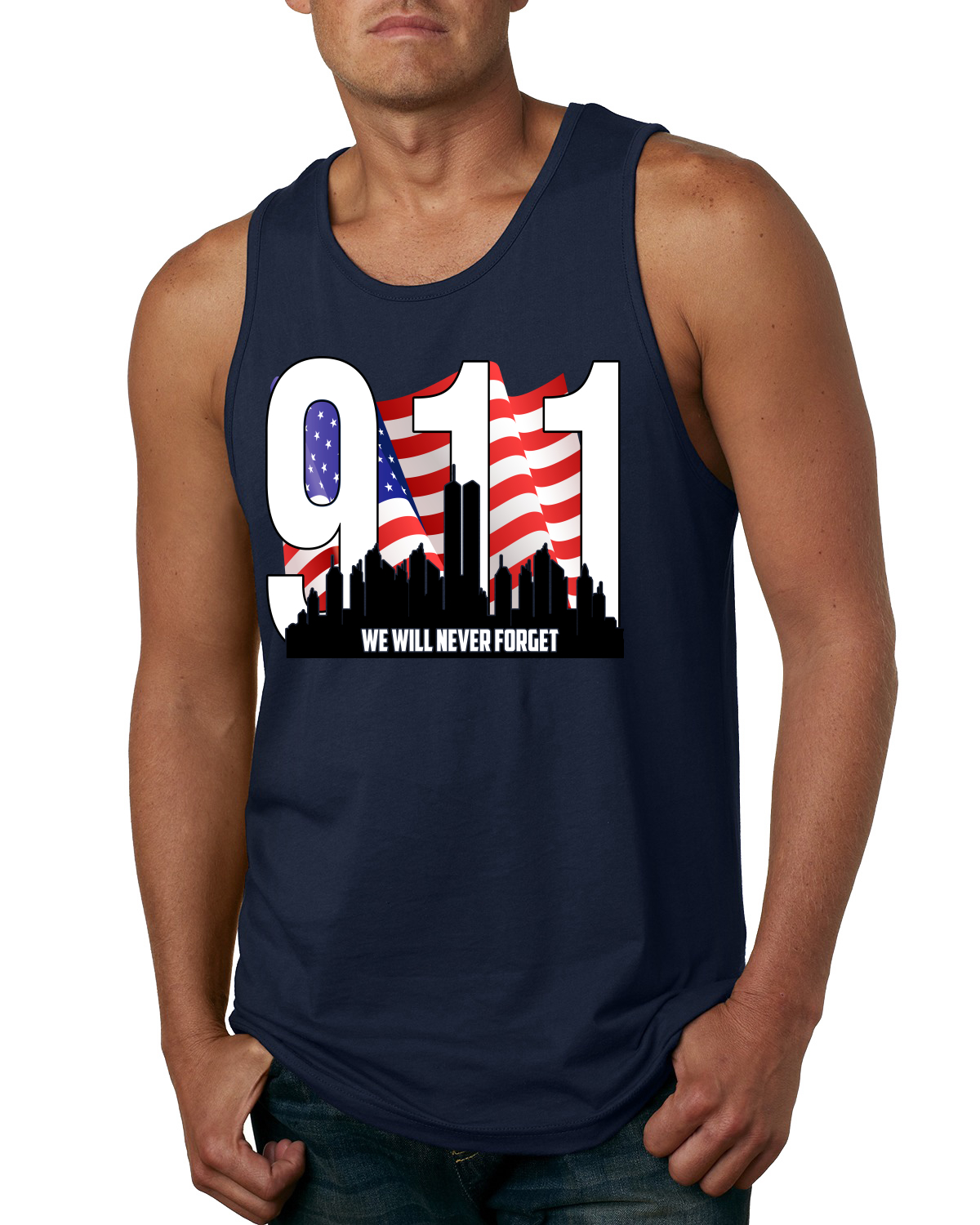9 11 We Will Never Forget Patriot Day Flag and Twin Tower Men Tank Top - Picture 5 of 7