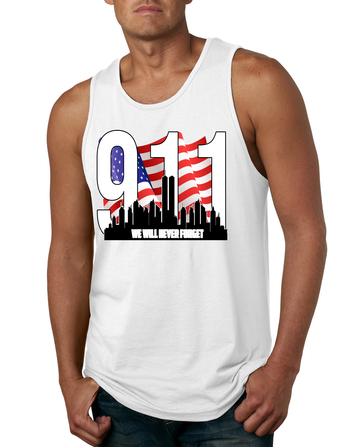 9 11 We Will Never Forget Patriot Day Flag and Twin Tower Men Tank Top - Picture 7 of 7