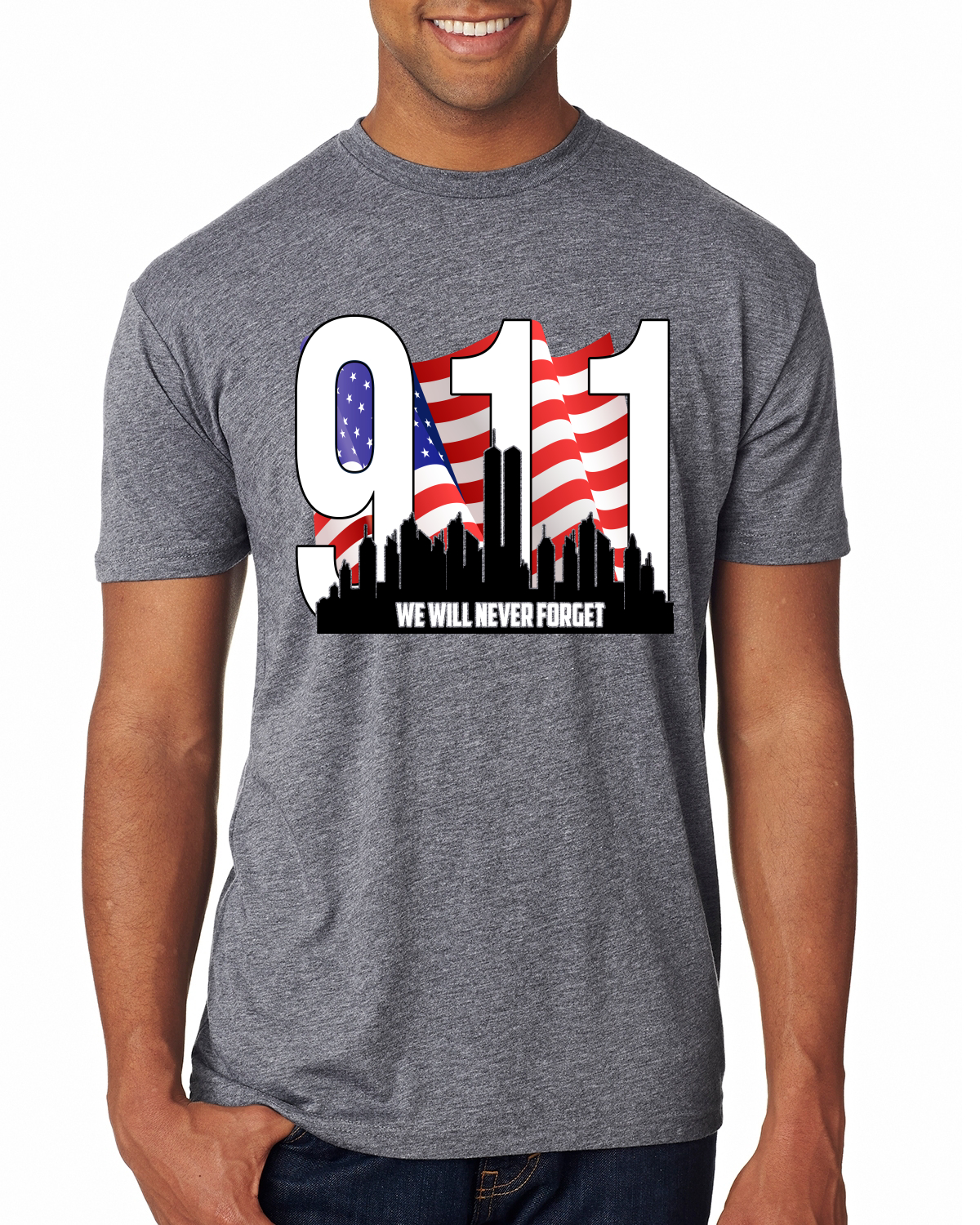 9 11 We Will Never Forget Patriot Day Flag and Twin Tower Hombre Premium Camiseta - Imagen 4 de 11