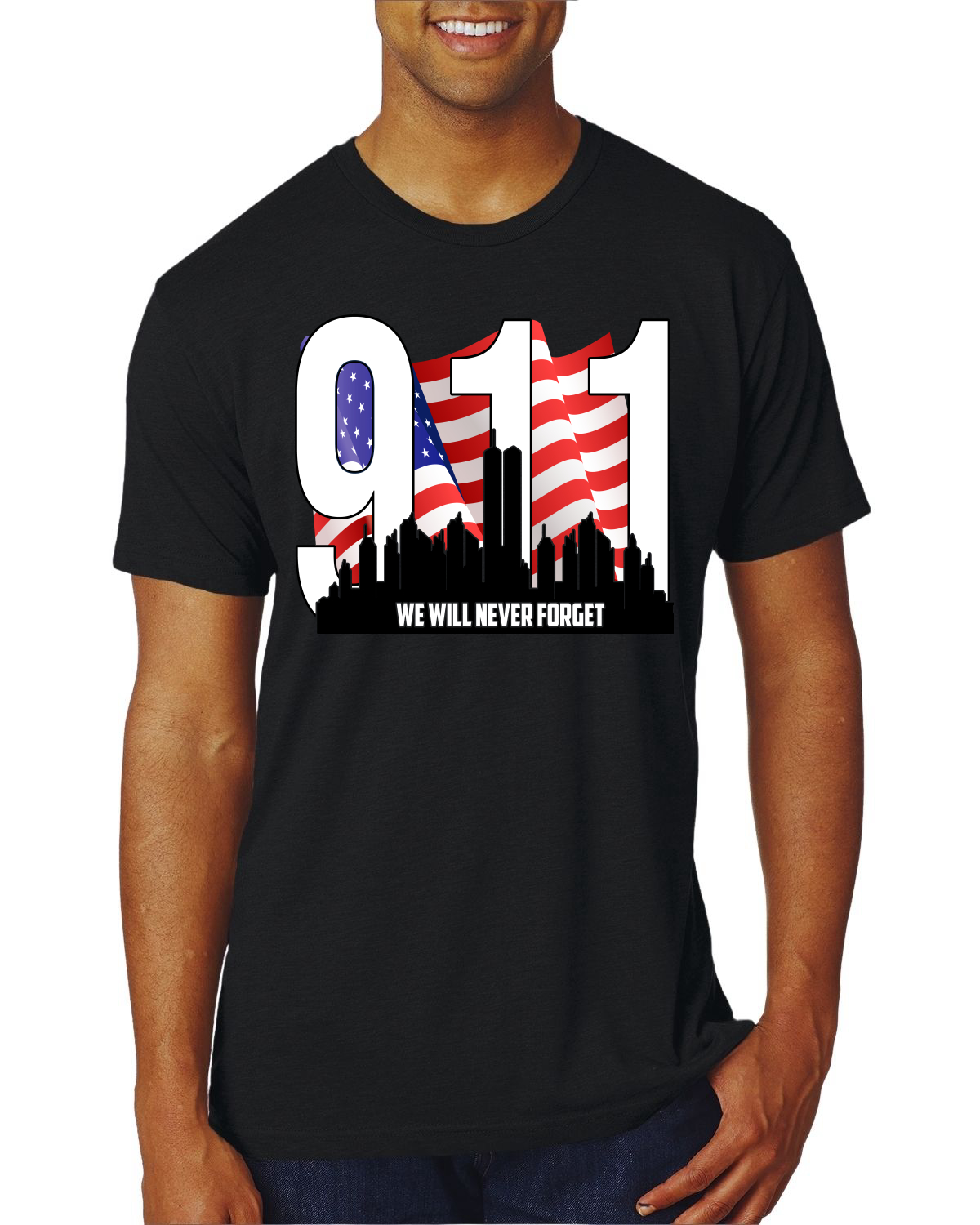 9 11 We Will Never Forget Patriot Day Flag and Twin Tower Hombre Premium Camiseta - Imagen 9 de 11
