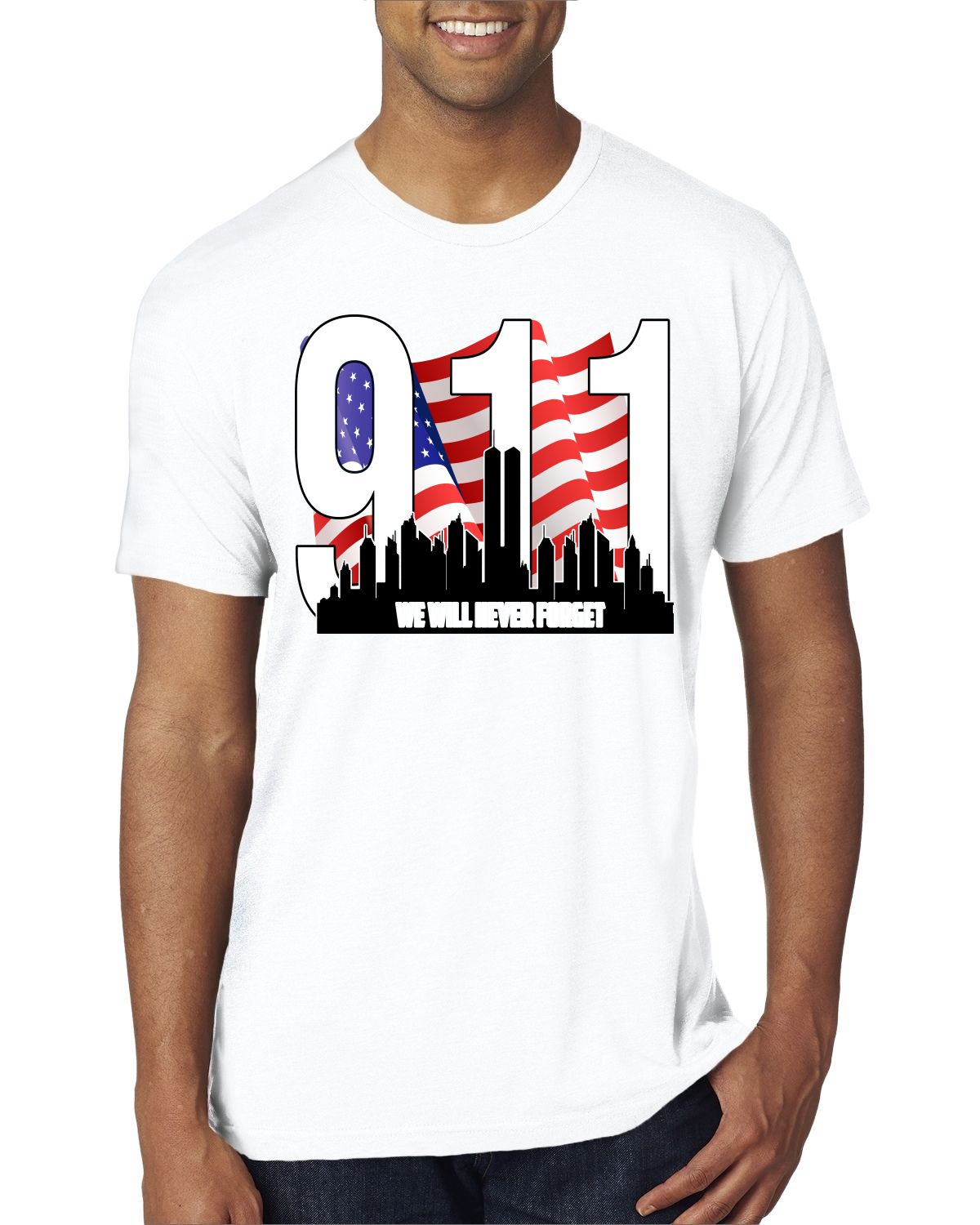 9 11 We Will Never Forget Patriot Day Flag and Twin Tower Hombre Premium Camiseta - Imagen 11 de 11