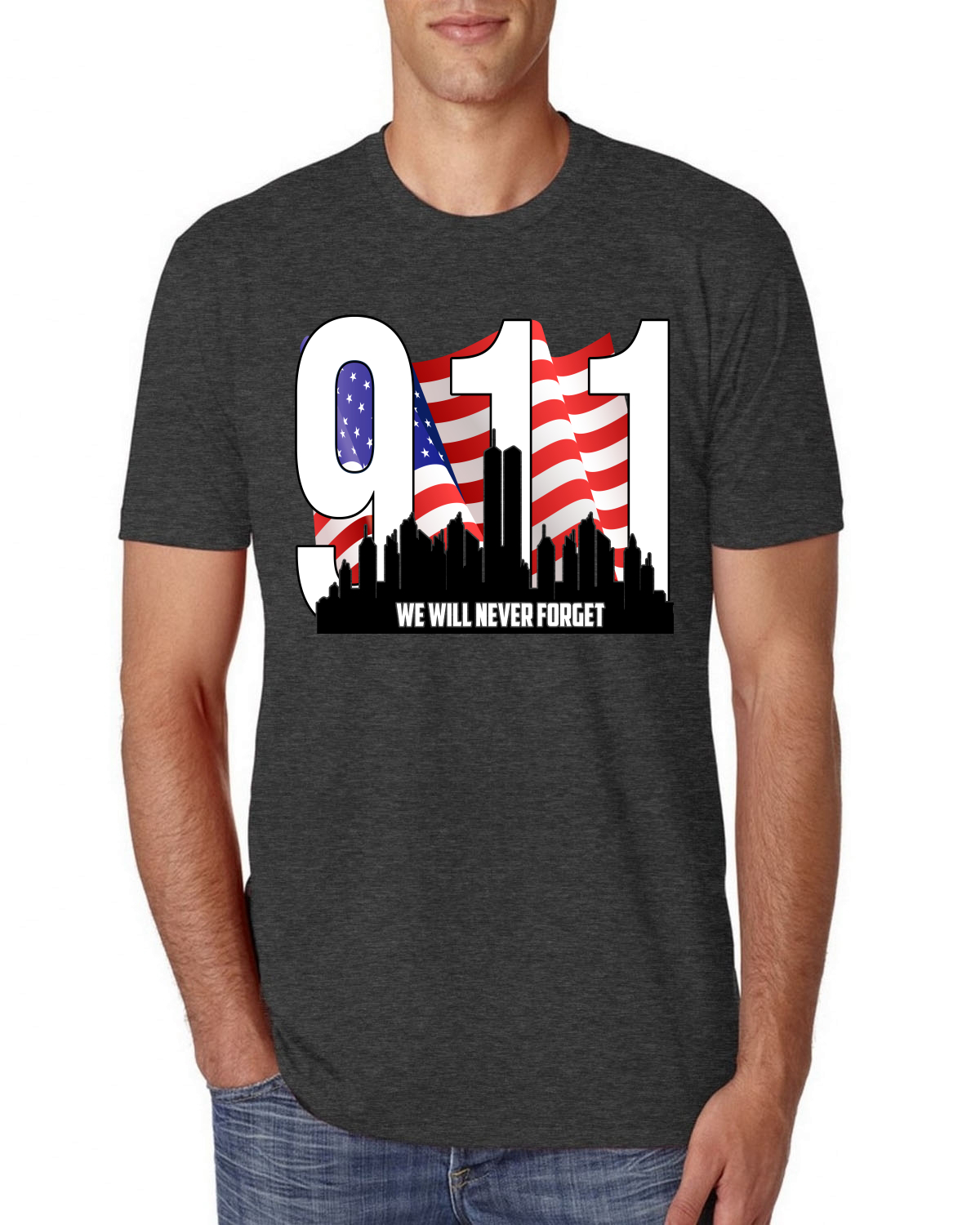 9 11 We Will Never Forget Patriot Day Flag and Twin Tower Hombre Premium Camiseta - Imagen 5 de 11