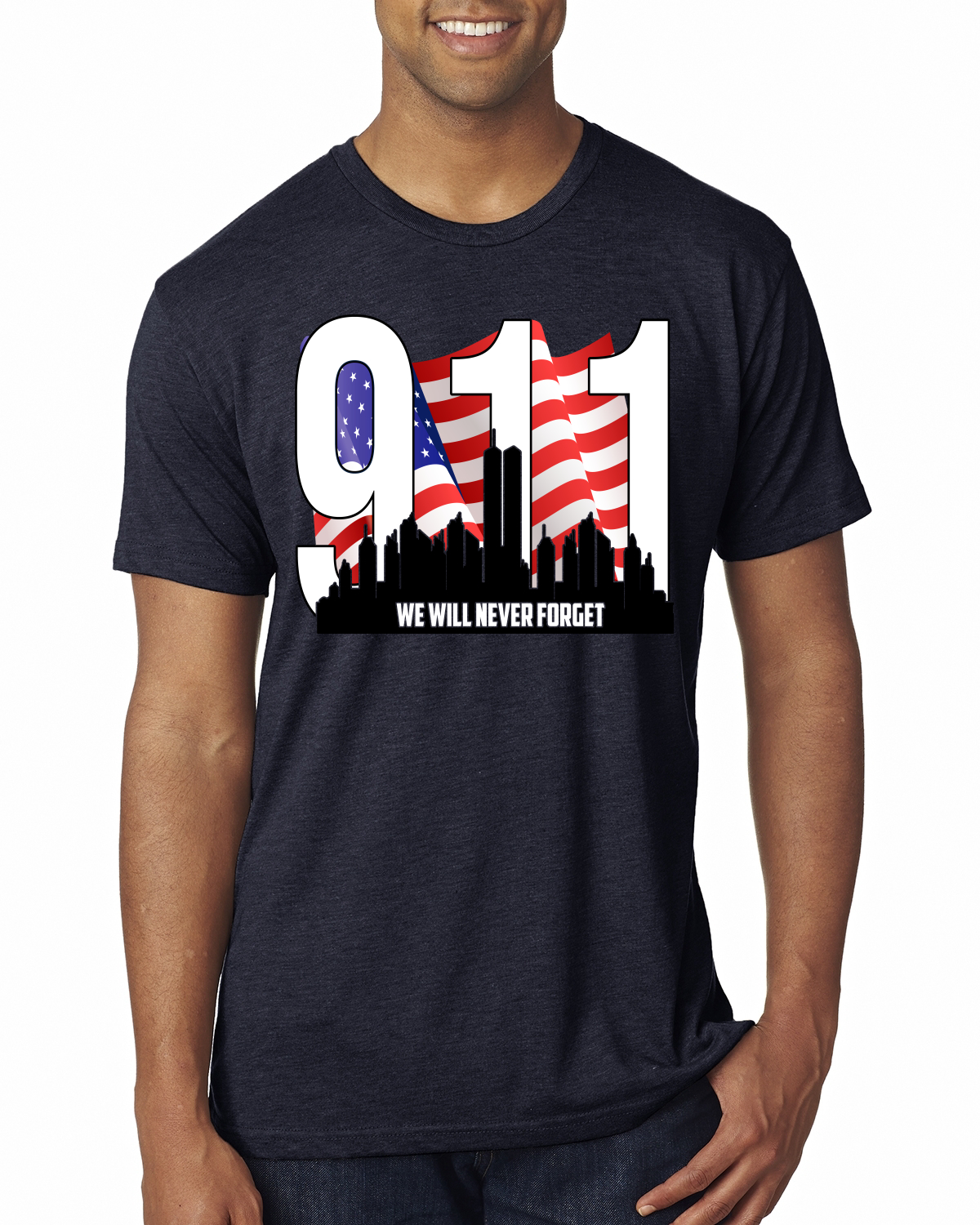 9 11 We Will Never Forget Patriot Day Flag and Twin Tower Hombre Premium Camiseta - Imagen 6 de 11