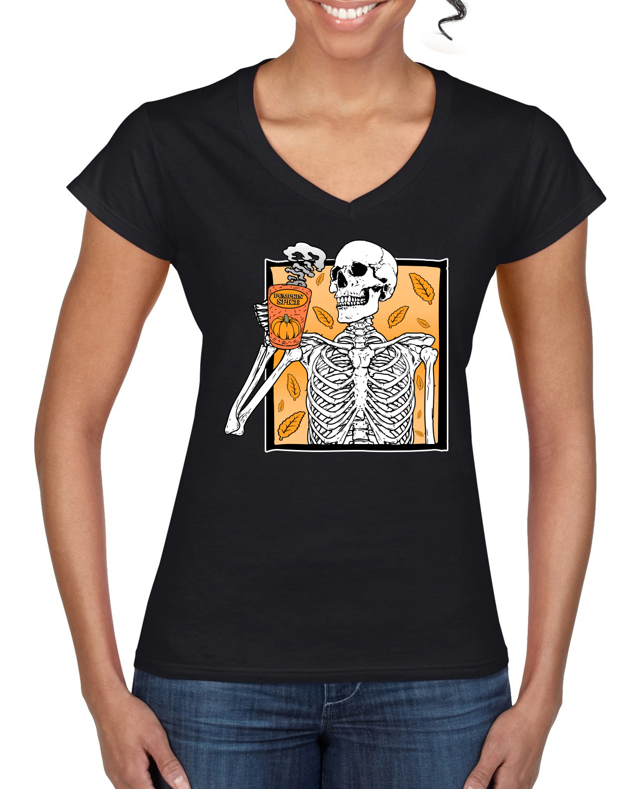 Pumpkin Spice Latte Skeleton Orange Black and White Women Standard VNeck Tee