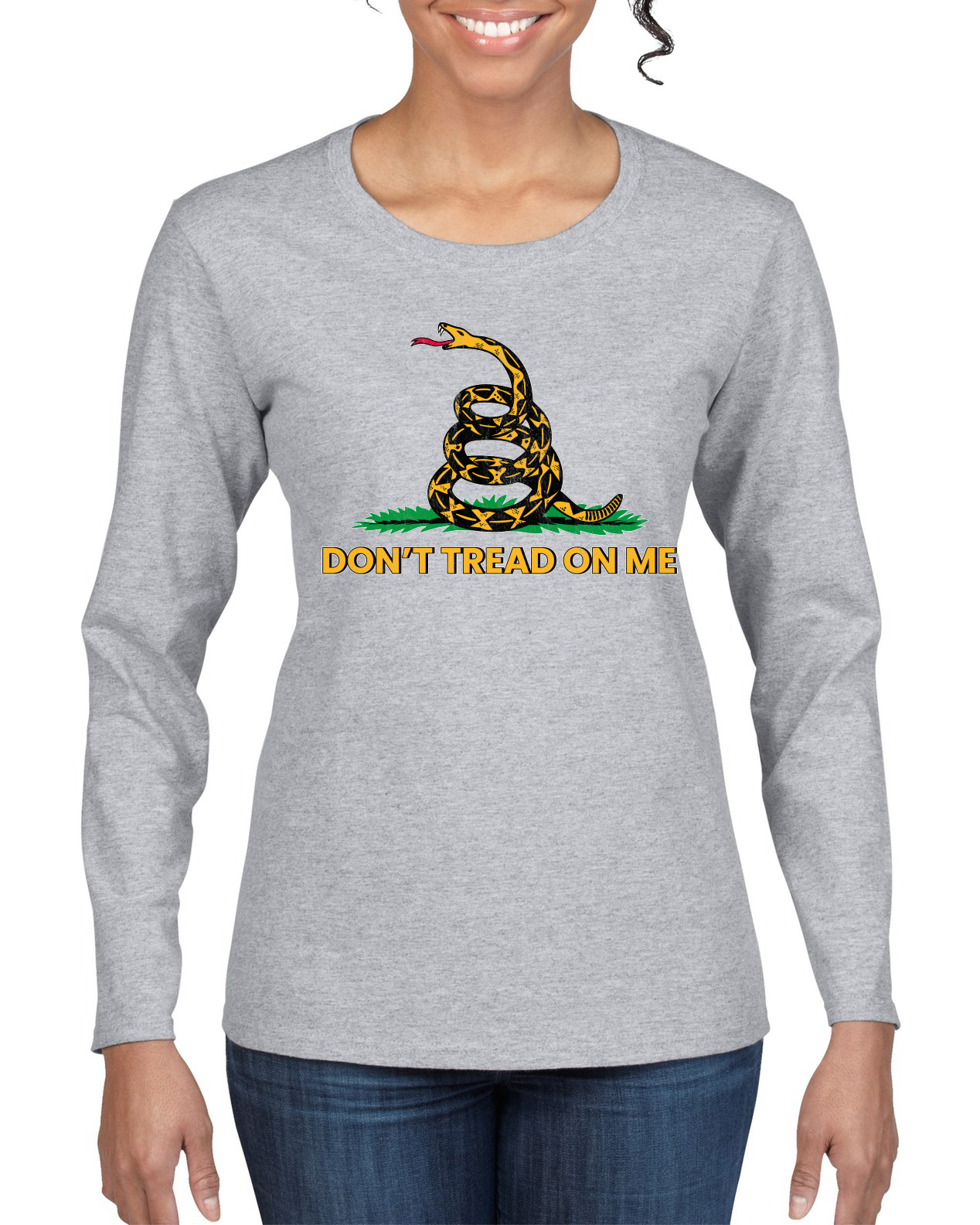 Camiseta Dont Tread On Me Amarillo Verde Serpiente y Hierba Amarillo Verde Mujer Gráfica Mangas Largas - Imagen 5 de 9