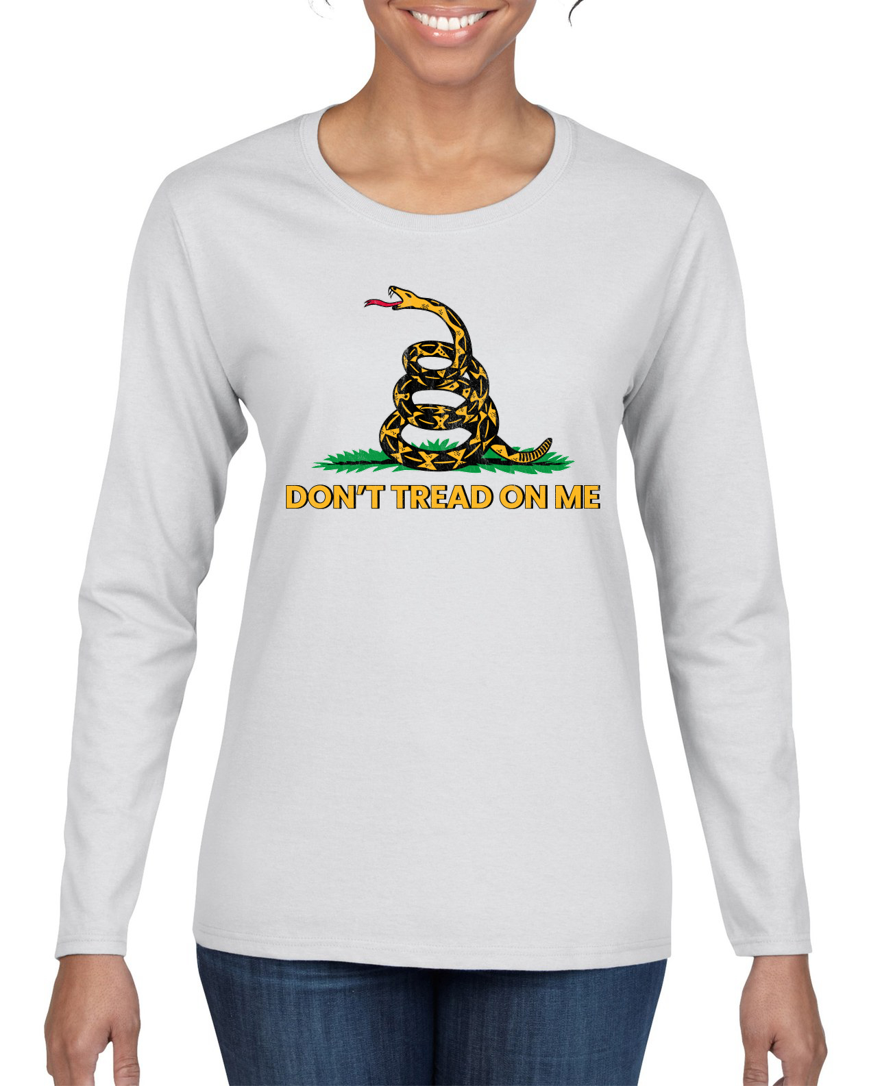 Camiseta Dont Tread On Me Amarillo Verde Serpiente y Hierba Amarillo Verde Mujer Gráfica Mangas Largas - Imagen 9 de 9