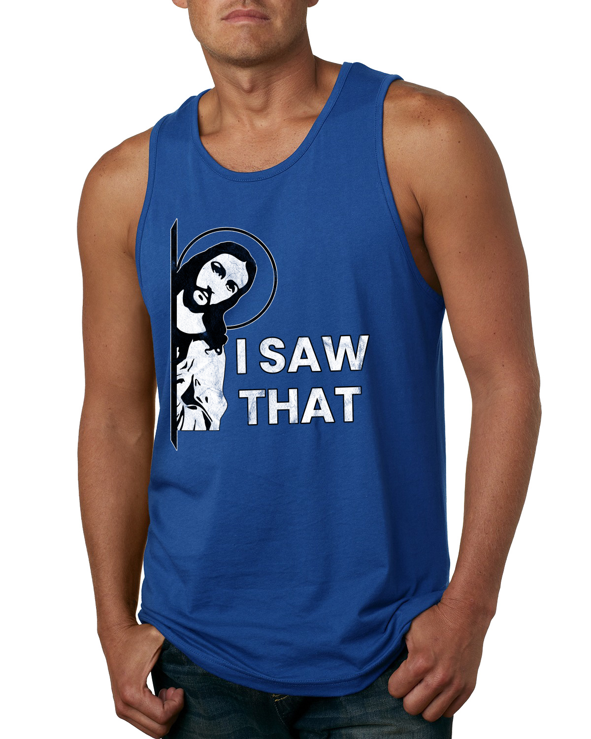 Camiseta sin mangas I Saw That Funny Jesus In Doorway Distress Faith para hombres - Imagen 7 de 8