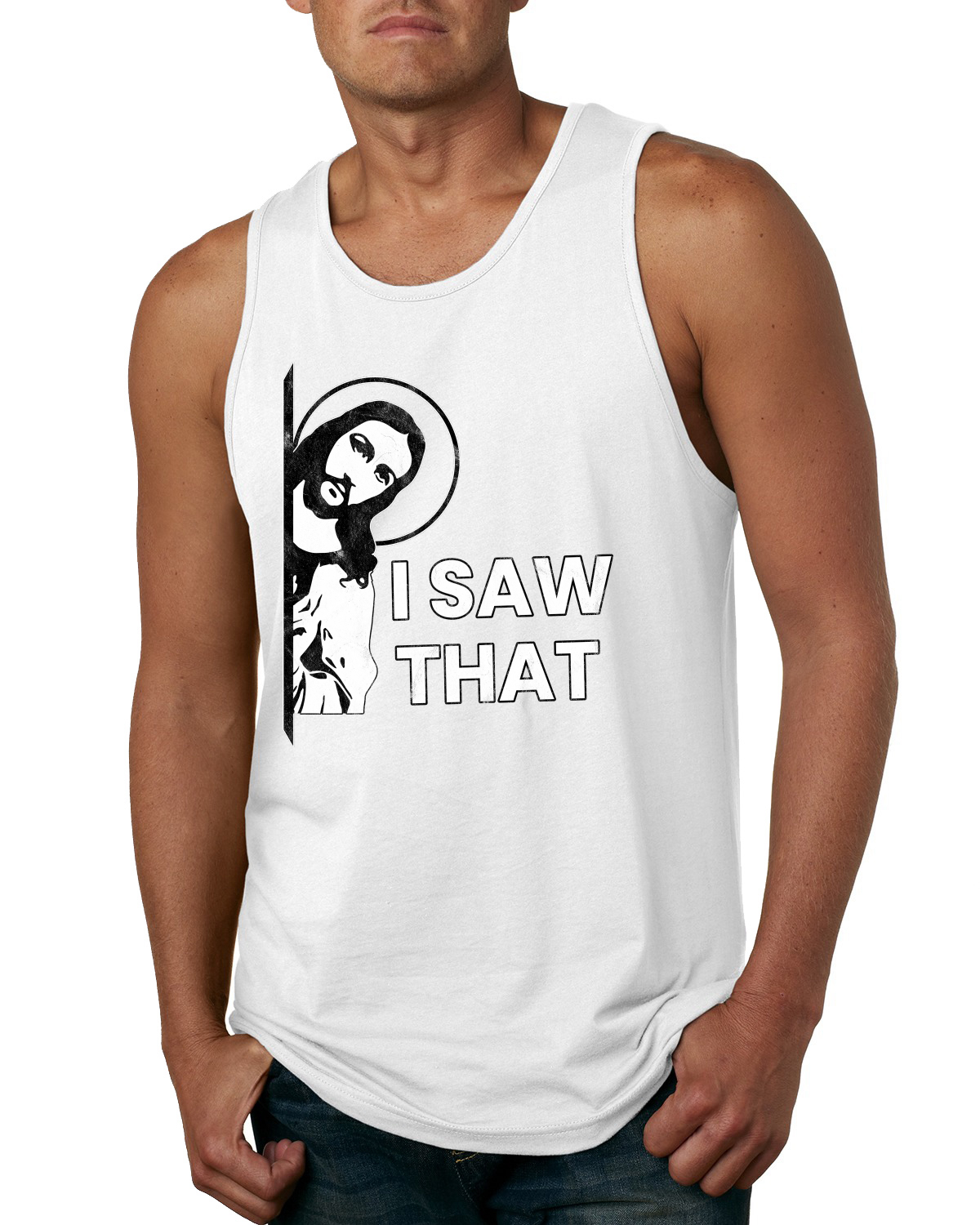 Camiseta sin mangas I Saw That Funny Jesus In Doorway Distress Faith para hombres - Imagen 8 de 8