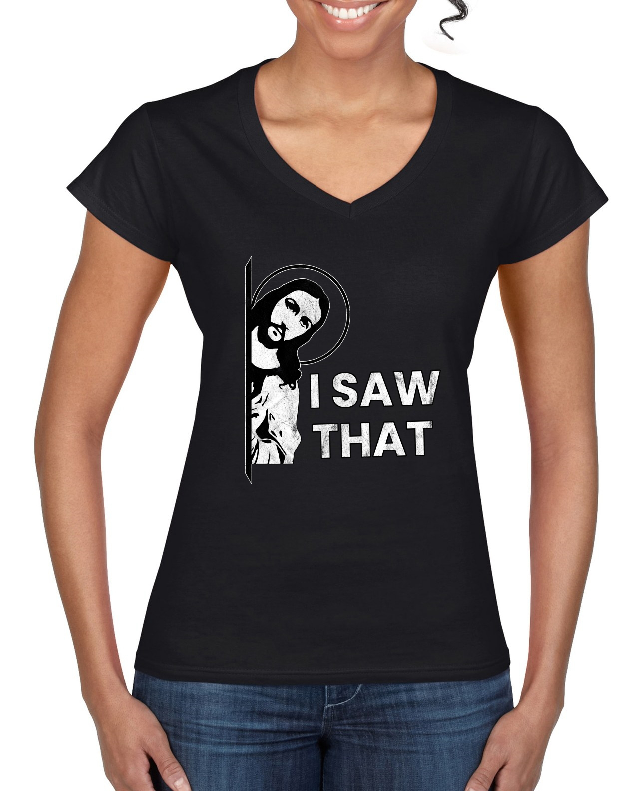 I Saw That Funny Jesus In Doorway Distress Faith Women Standard VNeck - Picture 3 of 7