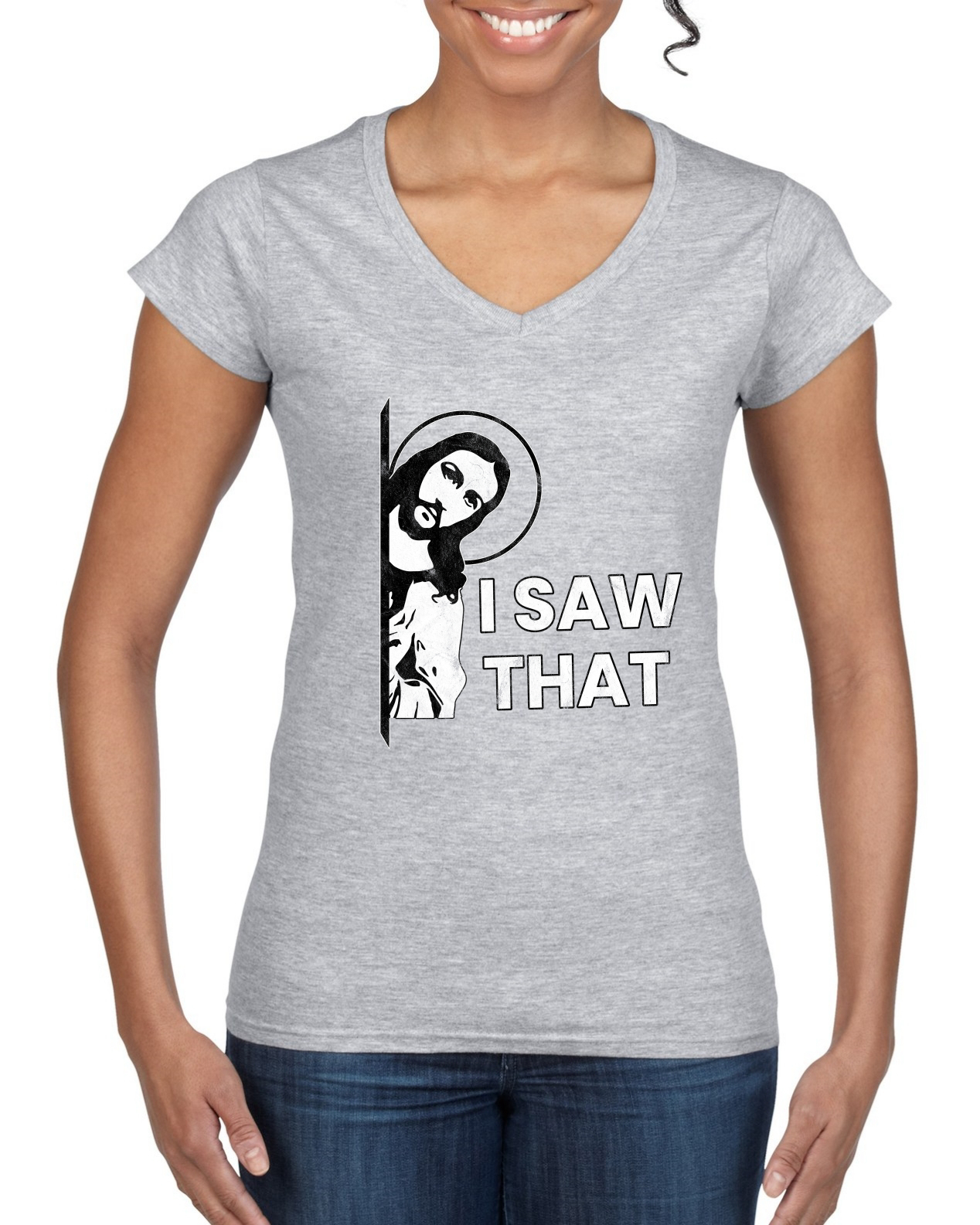 I Saw That Funny Jesus In Doorway Distress Faith Women Standard VNeck - Picture 4 of 7