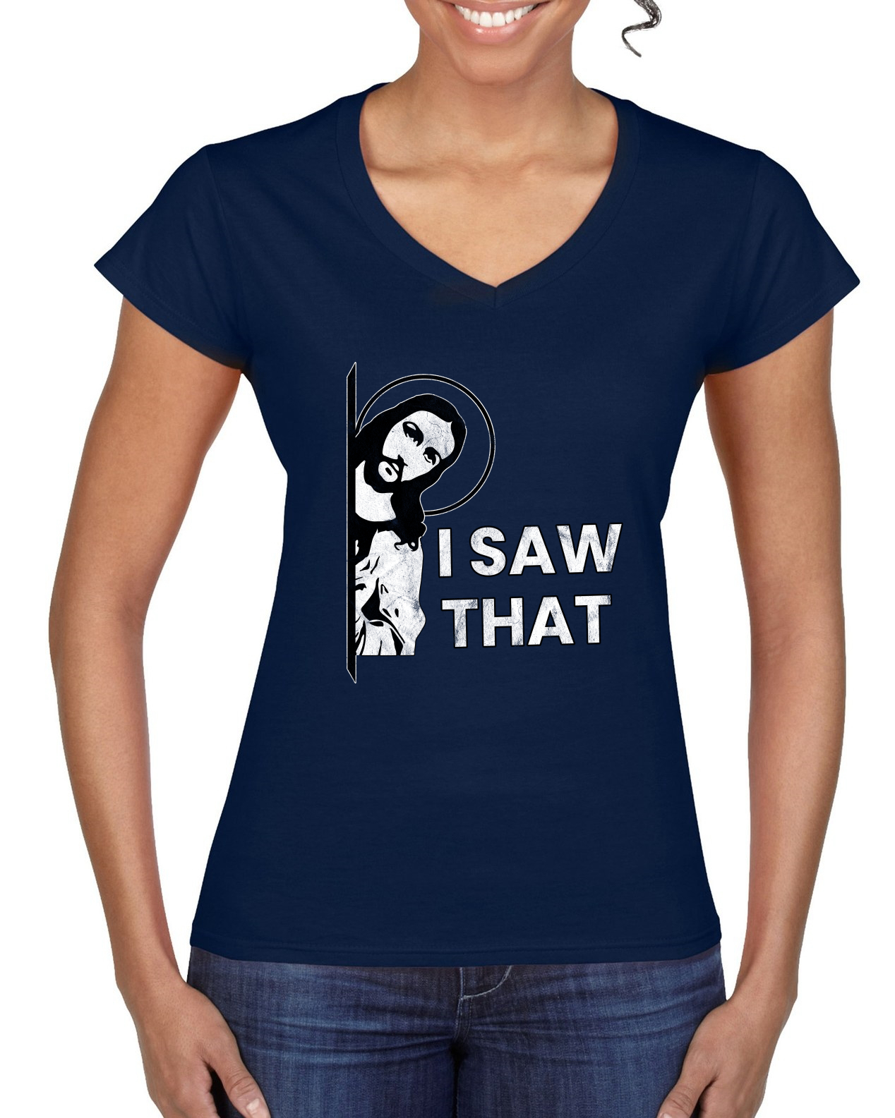 I Saw That Funny Jesus In Doorway Distress Faith Women Standard VNeck - Picture 5 of 7