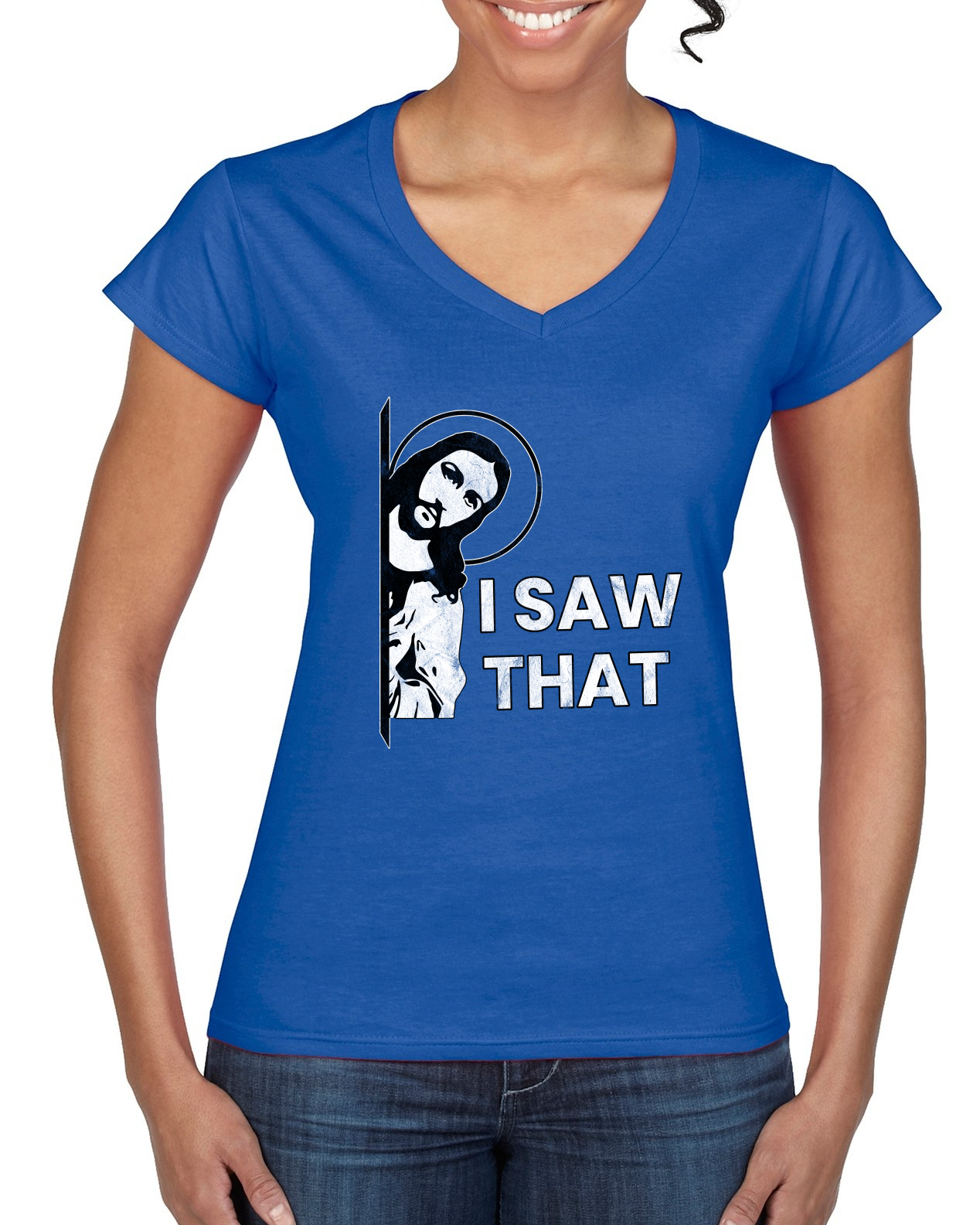 I Saw That Funny Jesus In Doorway Distress Faith Women Standard VNeck - Picture 6 of 7
