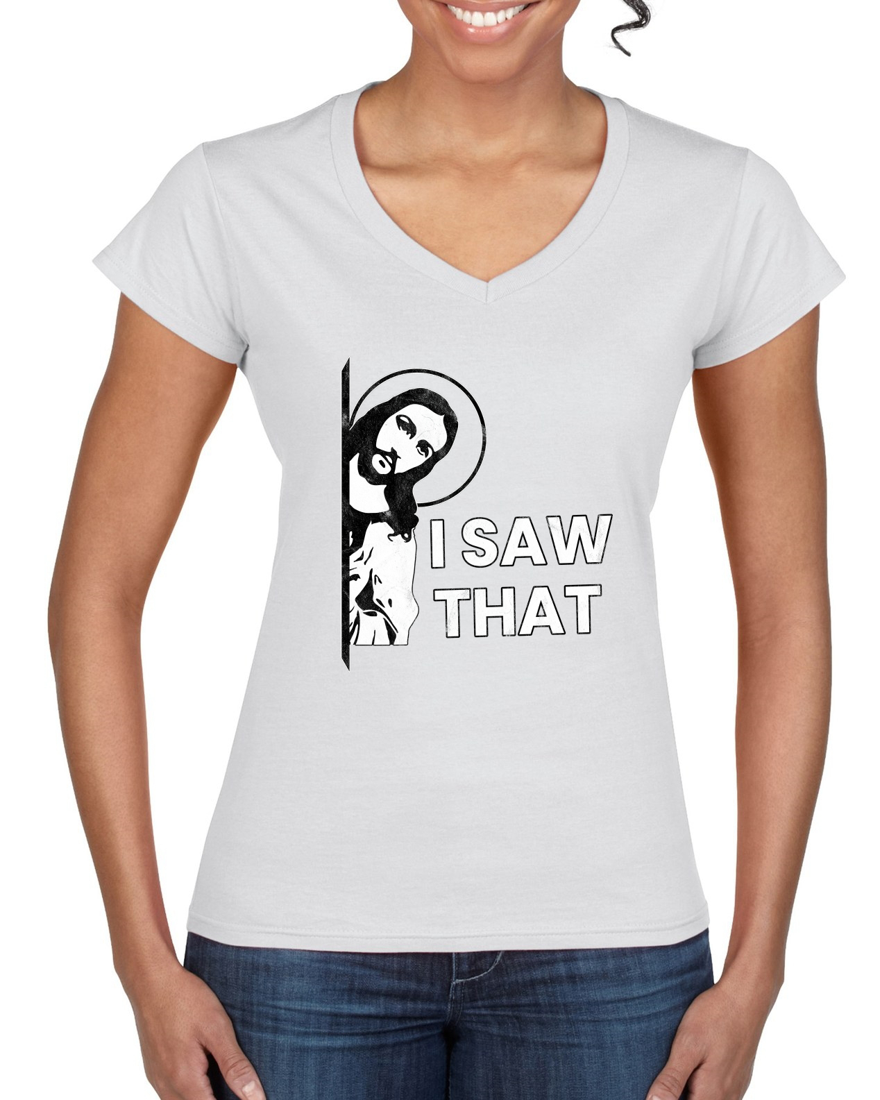 I Saw That Funny Jesus In Doorway Distress Faith Women Standard VNeck - Picture 7 of 7