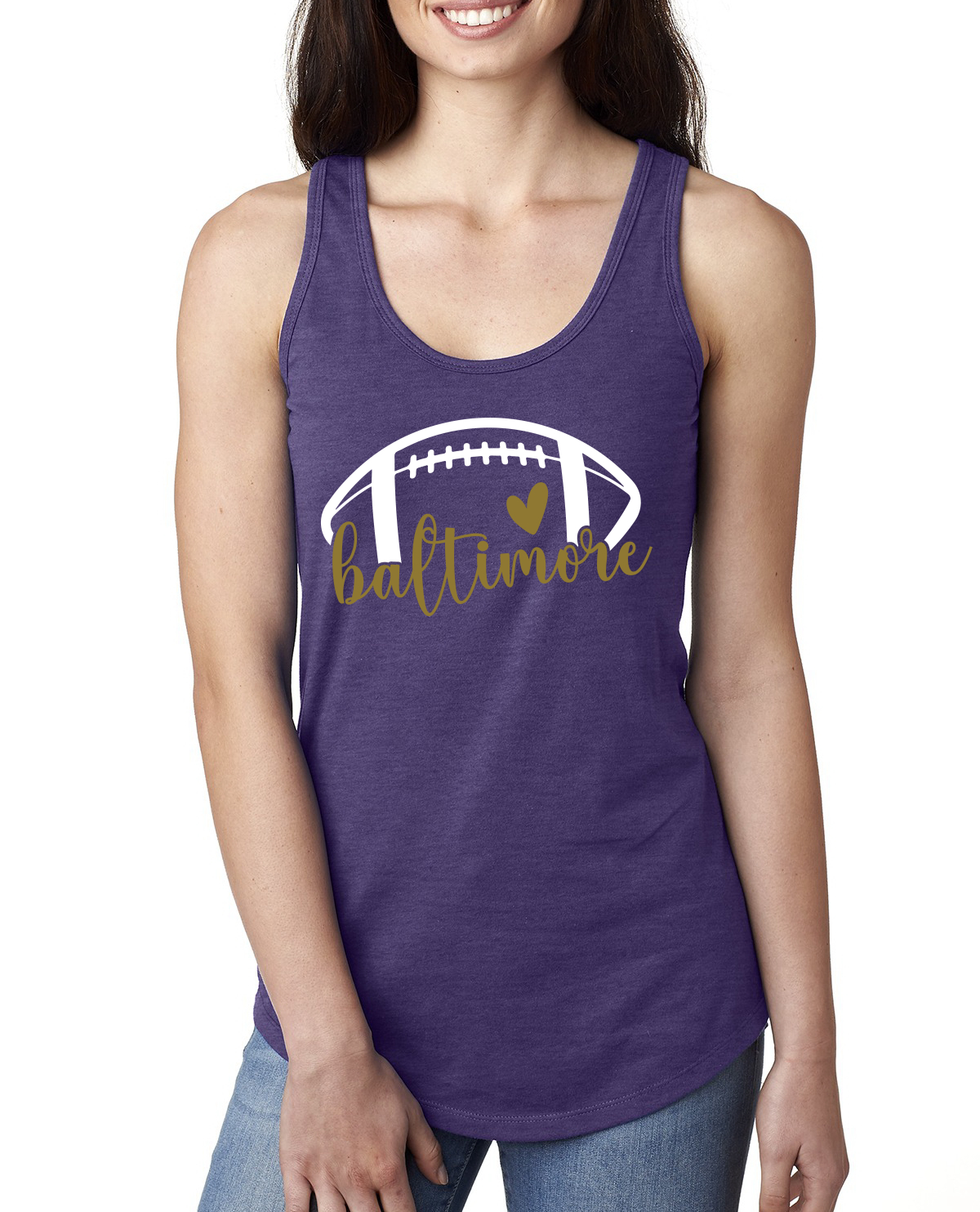 Fan Of Baltimore Football Gold Heart Script Writing Ladies Racerback Tank Top - Picture 2 of 2
