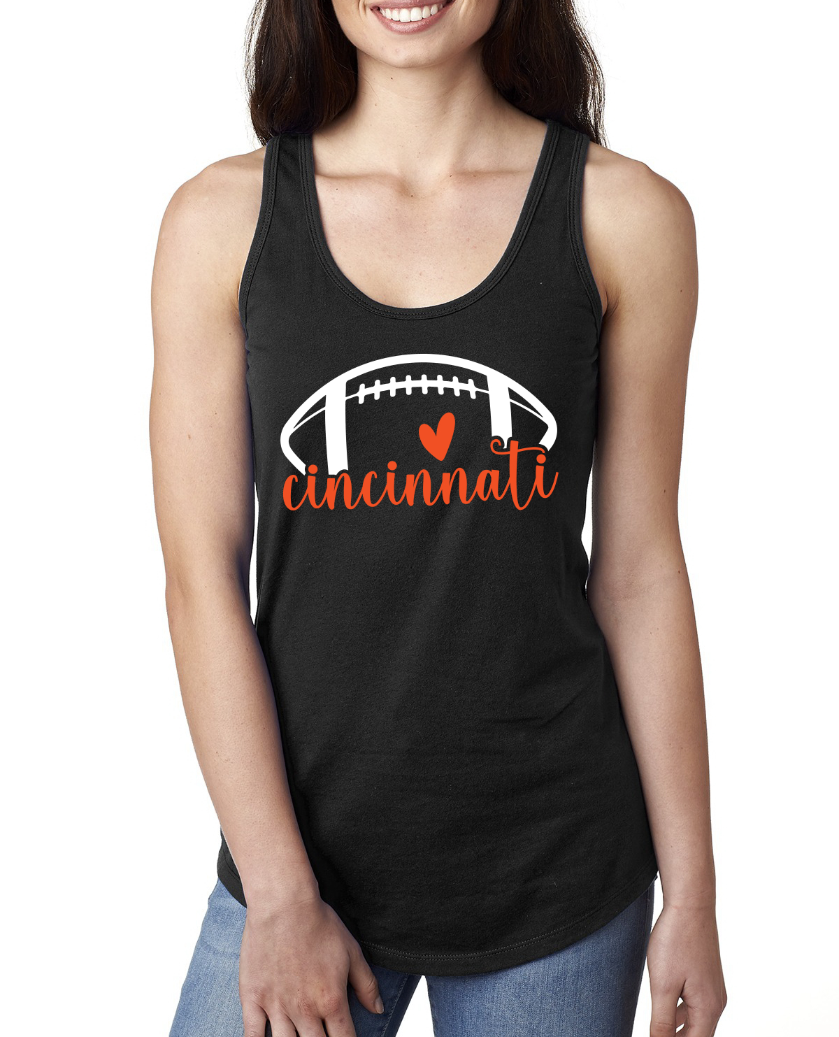 Fan Of Cincinatti Football Orange Heart Script Writing Ladies Racerback Tank Top - Picture 2 of 2