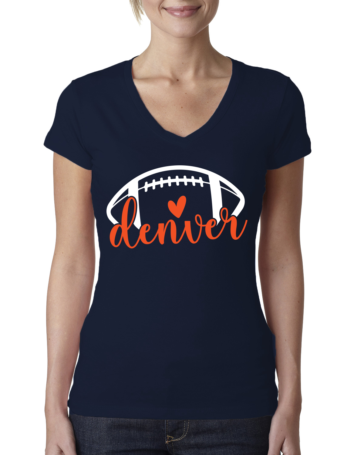 Fan Of City of Denver Football Orange Heart Script Writing Women VNeck Tee - Picture 2 of 2