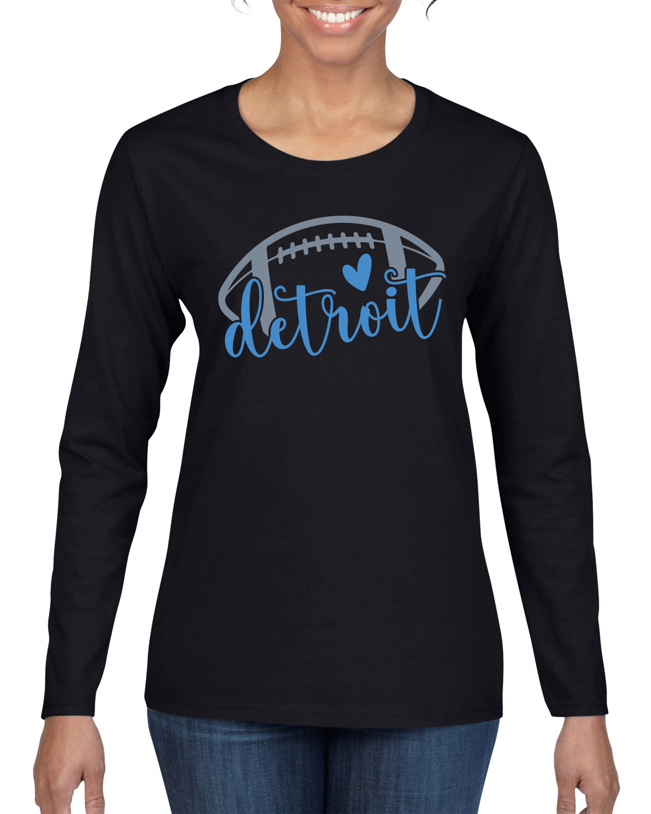 Guión de fútbol americano de la ciudad de Detroit corazón azul escrito para mujeres manga larga - Imagen 2 de 2