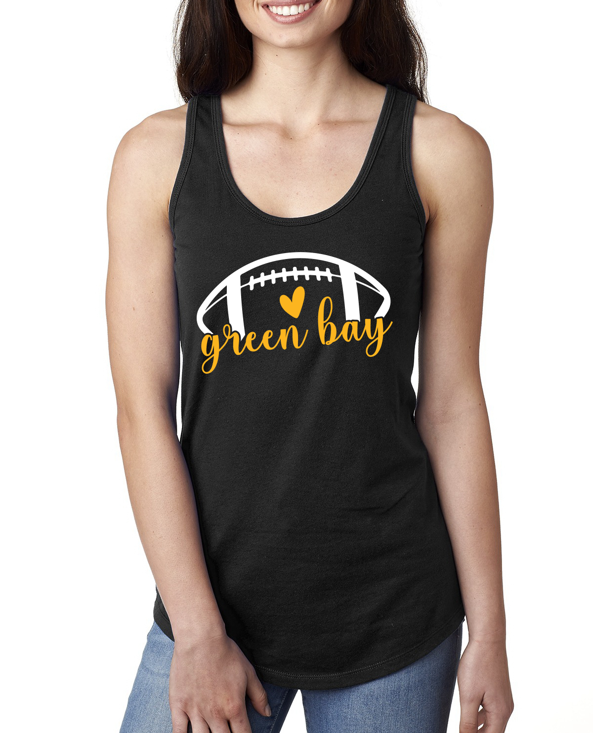 Fan Of City of Green Bay Football Yellow Heart Script Writing Ladies Tank Top - Picture 3 of 3