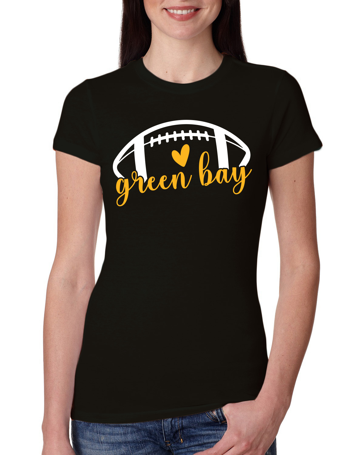 Fan Of City of Green Bay Football Yellow Heart Script Writing Women Slim Fit Tee - Picture 3 of 3