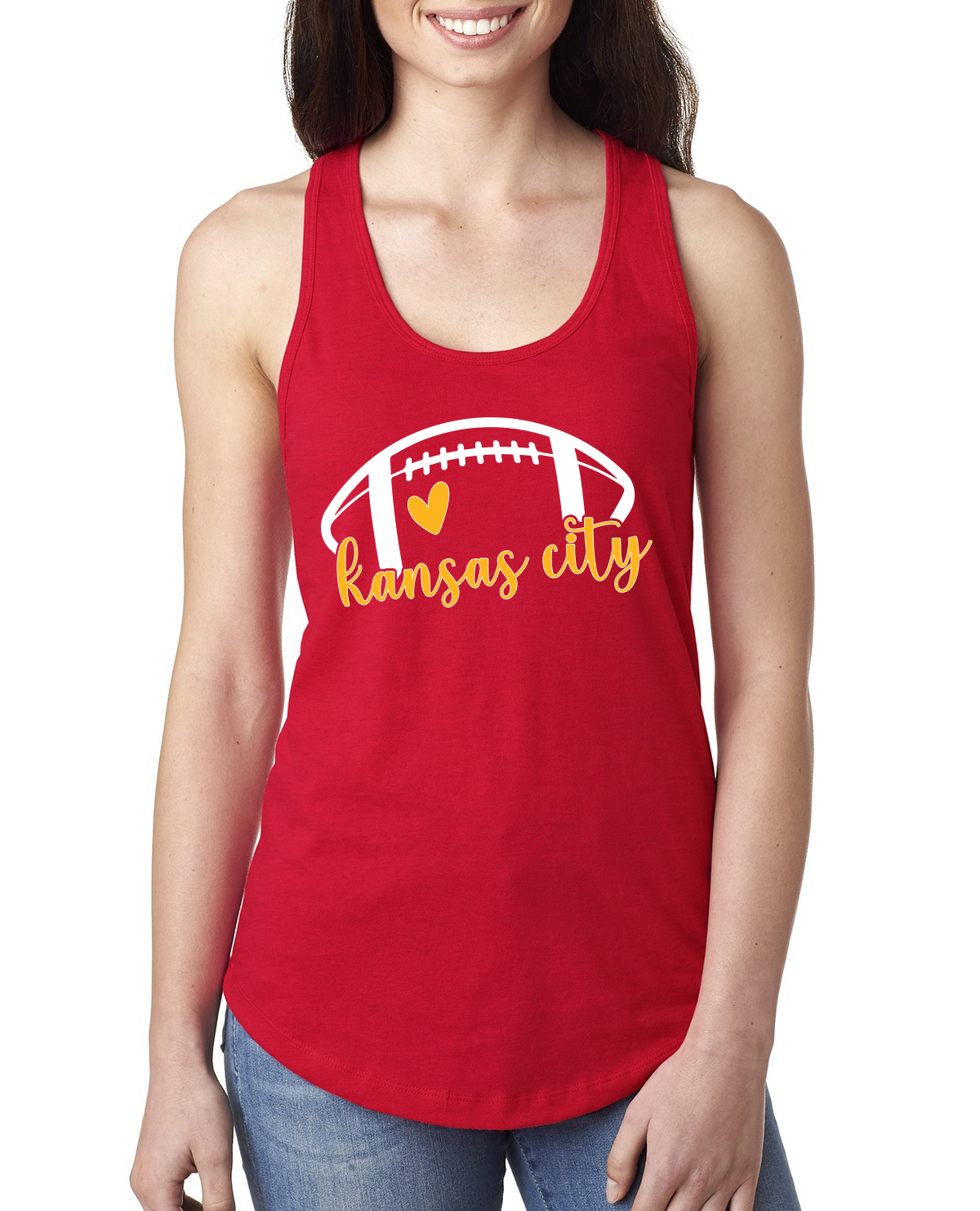 Fan Of Kansas City Football Yellow and White Heart Ladies Tank Top - Picture 3 of 3