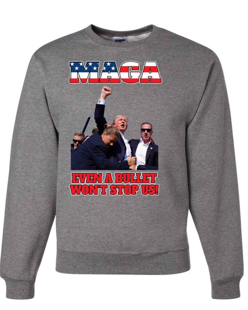 Sudadera Trump 2024 MAGA Even a Bullet Won't Stop Us a prueba de balas cuello redondo - Imagen 4 de 12