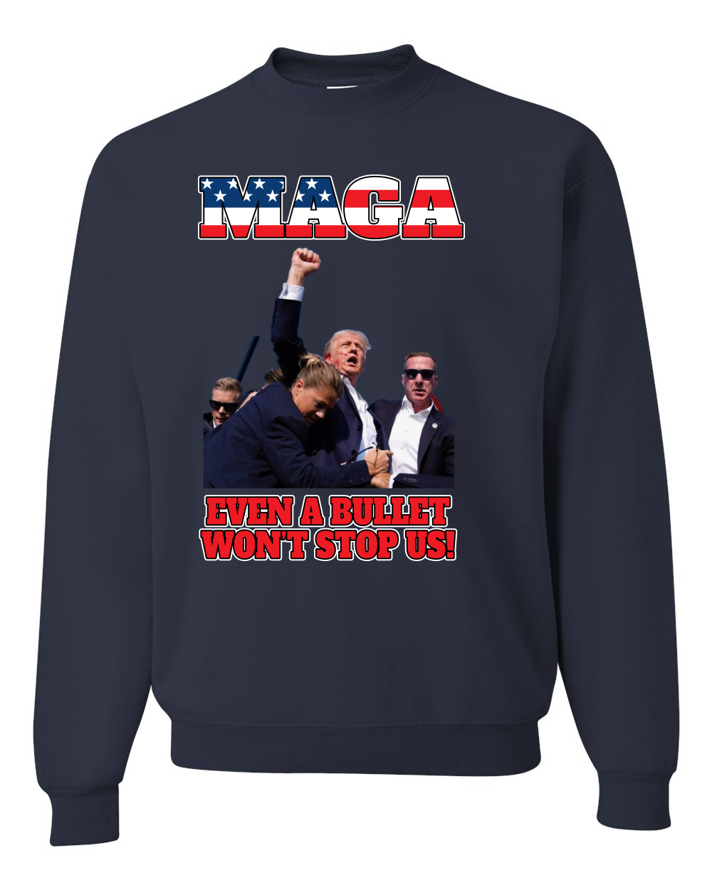 Sudadera Trump 2024 MAGA Even a Bullet Won't Stop Us a prueba de balas cuello redondo - Imagen 6 de 12
