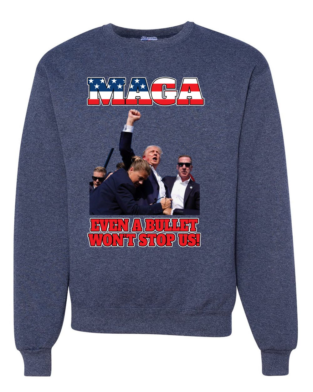 Sudadera Trump 2024 MAGA Even a Bullet Won't Stop Us a prueba de balas cuello redondo - Imagen 10 de 12