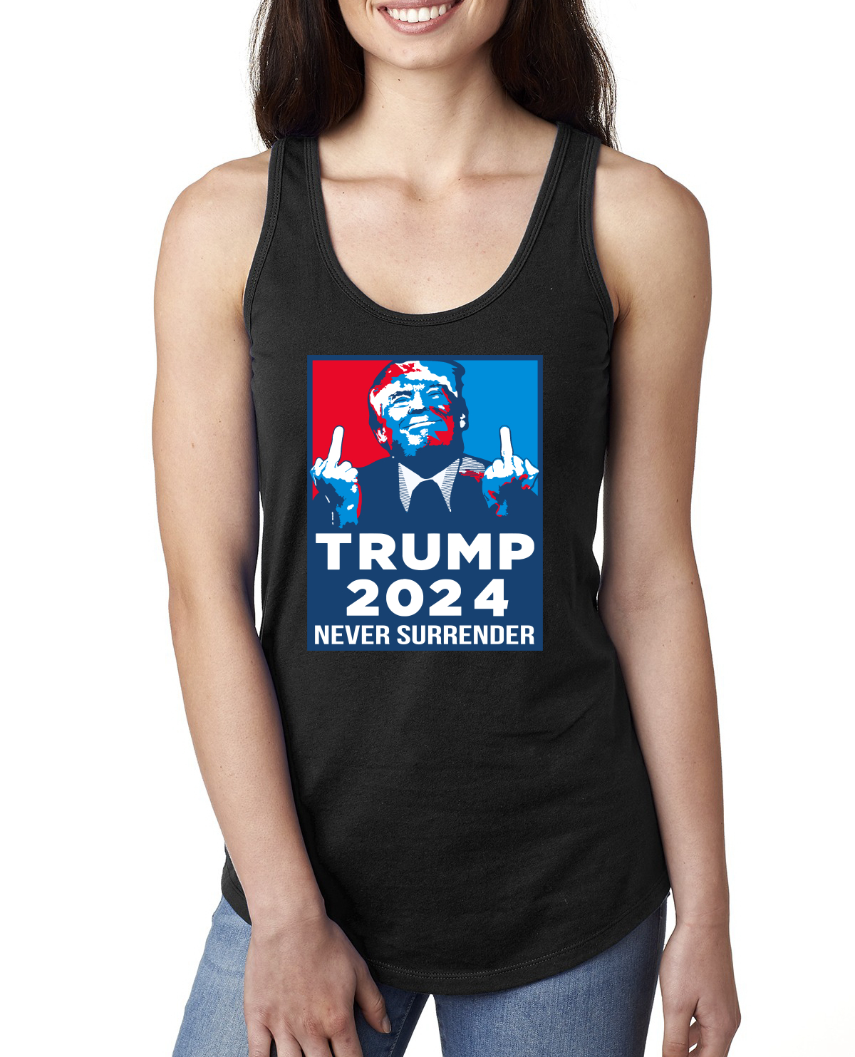 Trump 2024 Never Surrender MAGA Ladies Racerback Tank Top - Picture 3 of 6