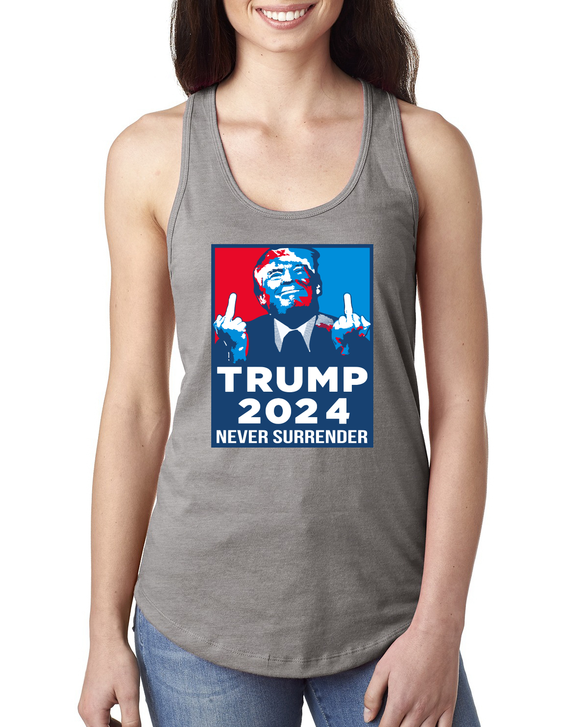 Trump 2024 Never Surrender MAGA Ladies Racerback Tank Top - Picture 4 of 6