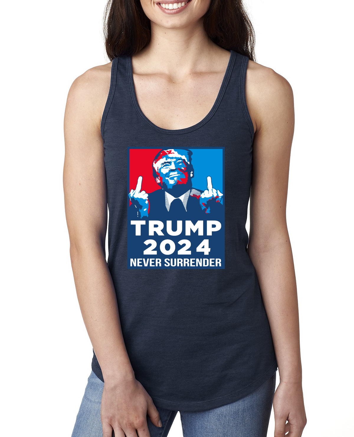 Trump 2024 Never Surrender MAGA Ladies Racerback Tank Top - Picture 5 of 6