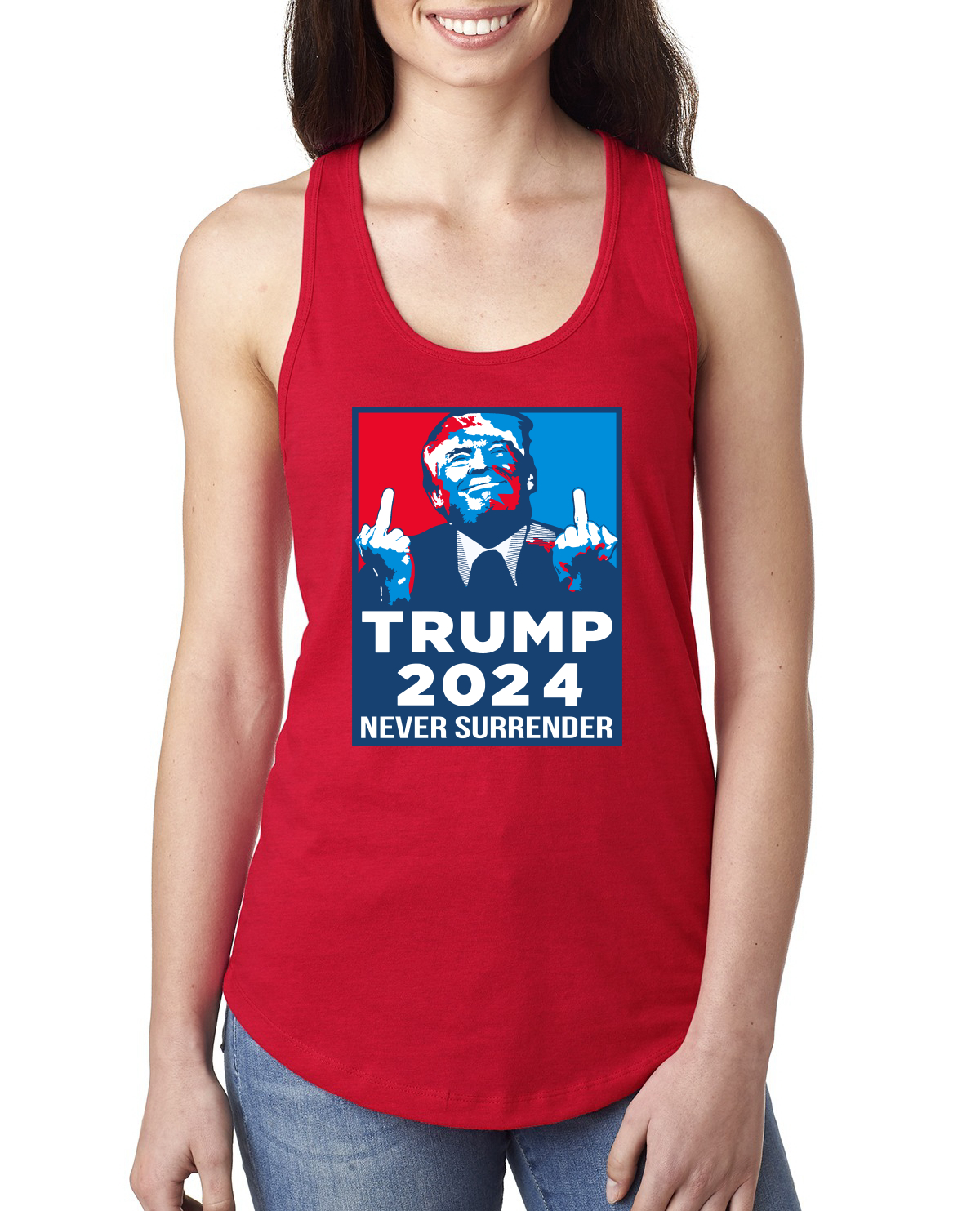 Trump 2024 Never Surrender MAGA Ladies Racerback Tank Top - Picture 6 of 6