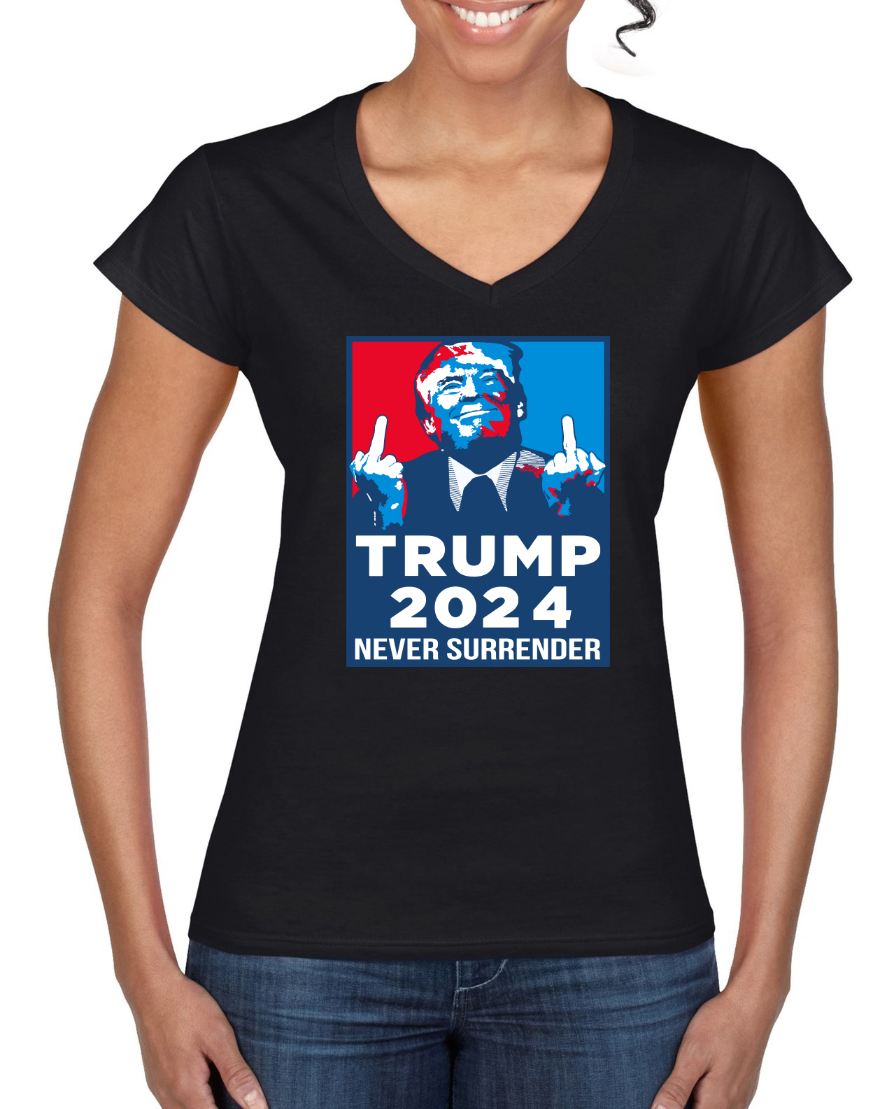 Trump 2024 Never Surrender MAGA Women’s Standard V-Neck Tee - Picture 3 of 6