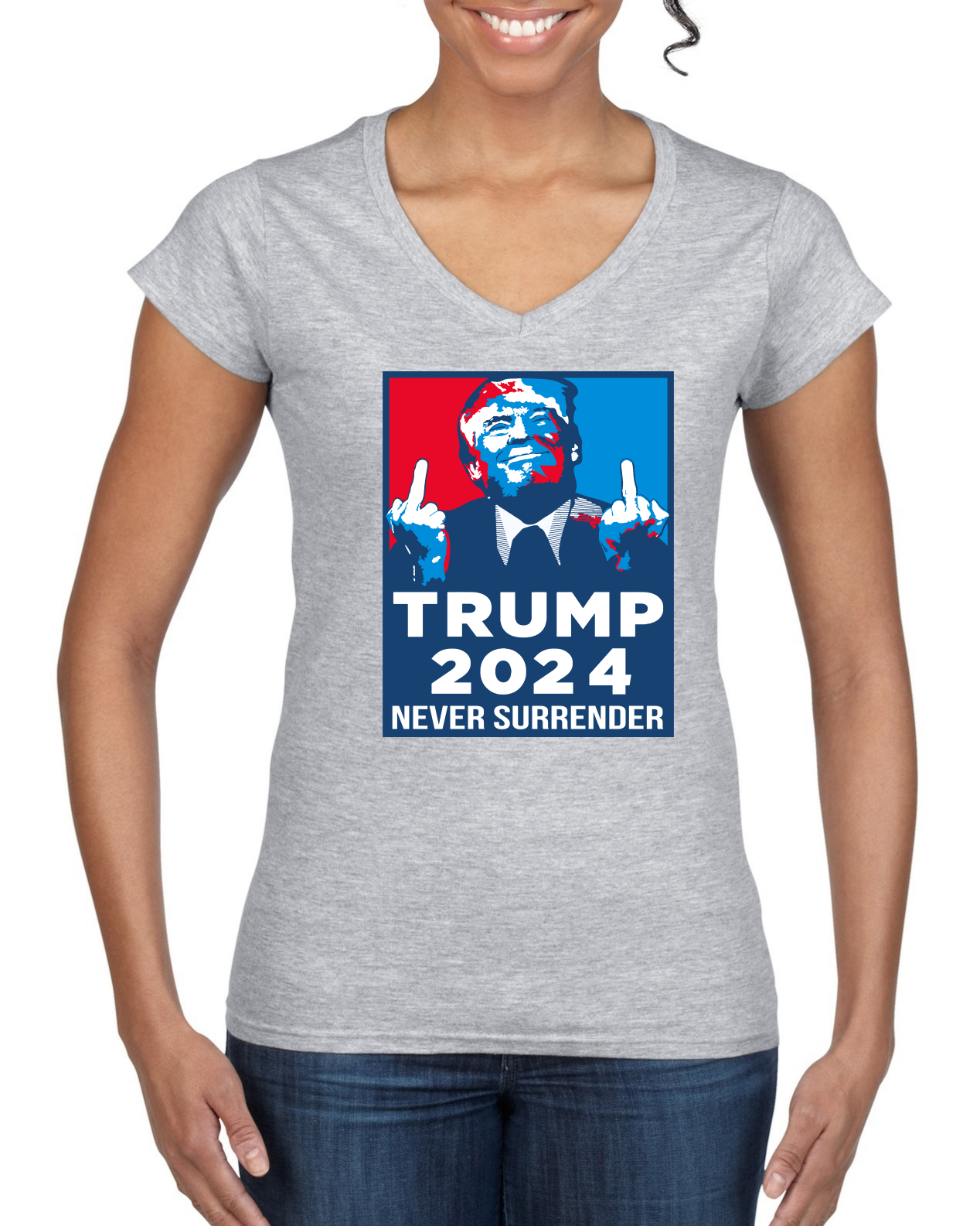 Trump 2024 Never Surrender MAGA Women’s Standard V-Neck Tee - Picture 4 of 6